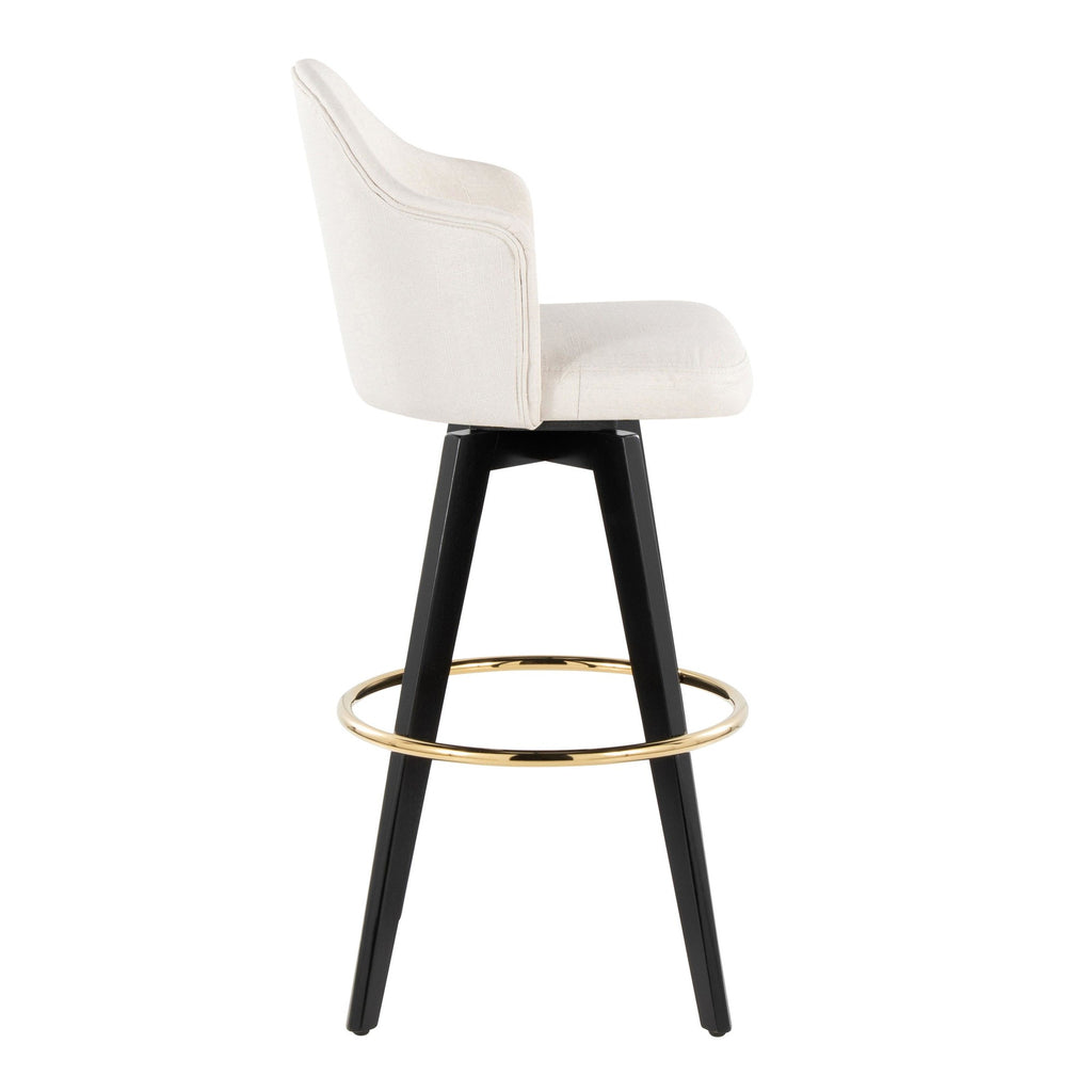 Ahoy Upholstered 30" Fixed-Height Barstool - Set of 2 - Black Wood, Cream Fabric, Gold Metal