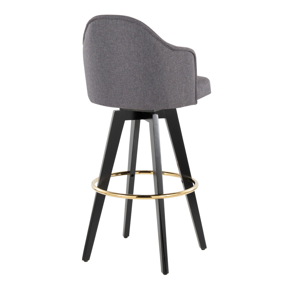Ahoy Upholstered 30" Fixed-Height Barstool - Set of 2 - Black Wood, Grey Fabric, Gold Metal