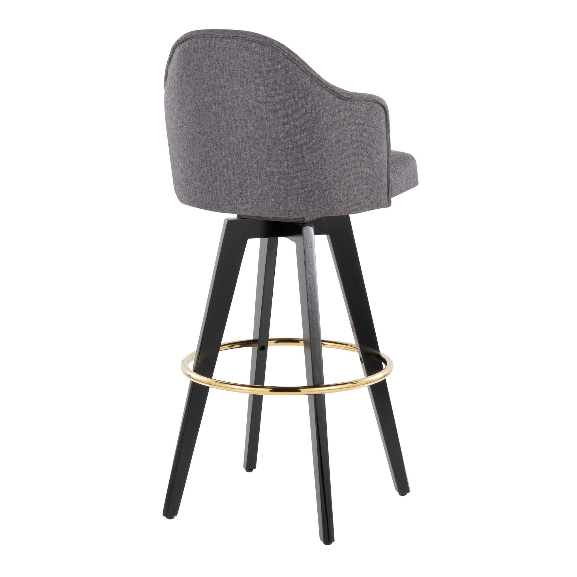 Ahoy Upholstered 30" Fixed-Height Barstool - Set of 2 - Black Wood, Grey Fabric, Gold Metal