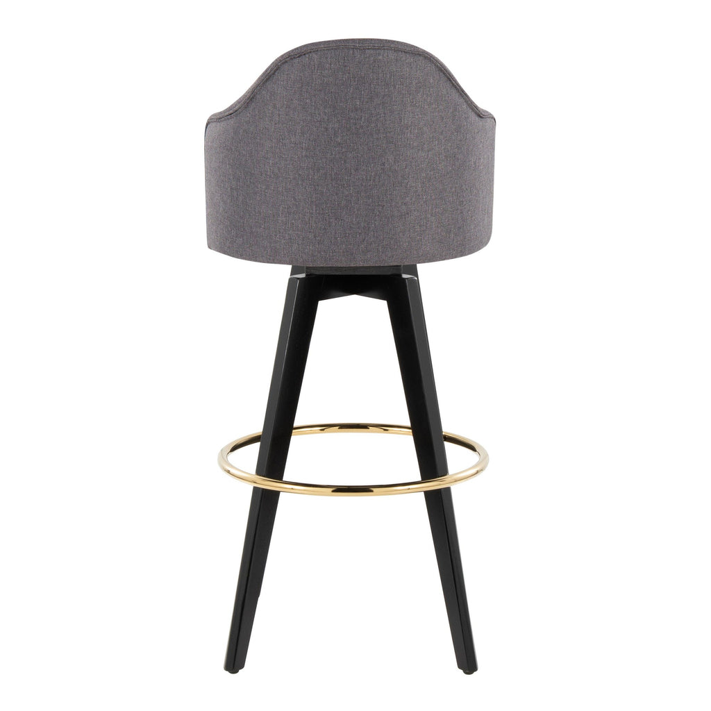 Ahoy Upholstered 30" Fixed-Height Barstool - Set of 2 - Black Wood, Grey Fabric, Gold Metal
