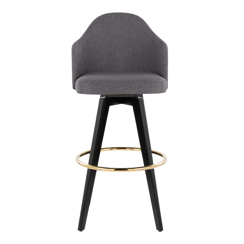 Ahoy Upholstered 30" Fixed-Height Barstool - Set of 2 - Black Wood, Grey Fabric, Gold Metal