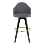 Ahoy Upholstered 30" Fixed-Height Barstool - Set of 2 - Black Wood, Grey Fabric, Gold Metal