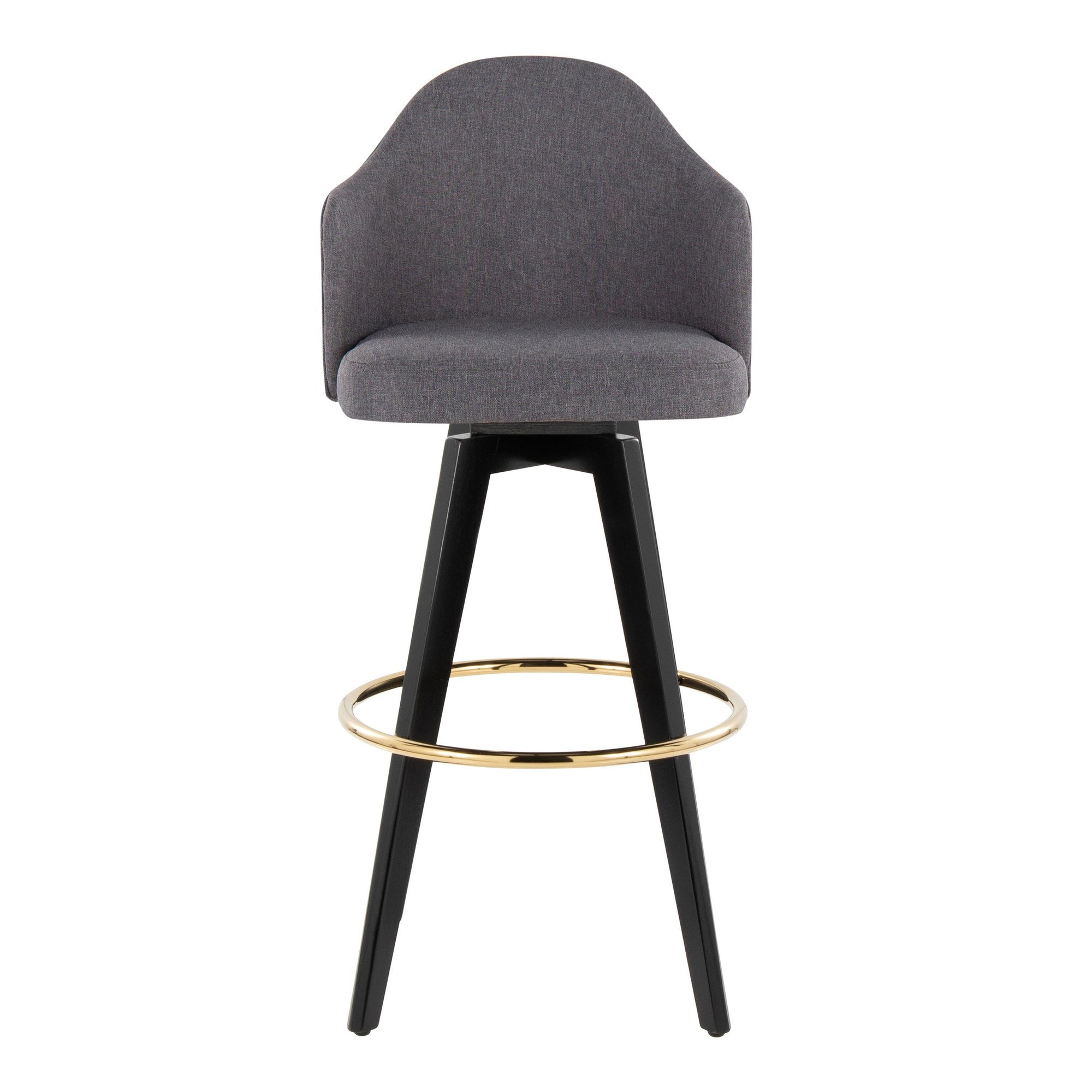 Ahoy Upholstered 30" Fixed-Height Barstool - Set of 2 - Black Wood, Grey Fabric, Gold Metal