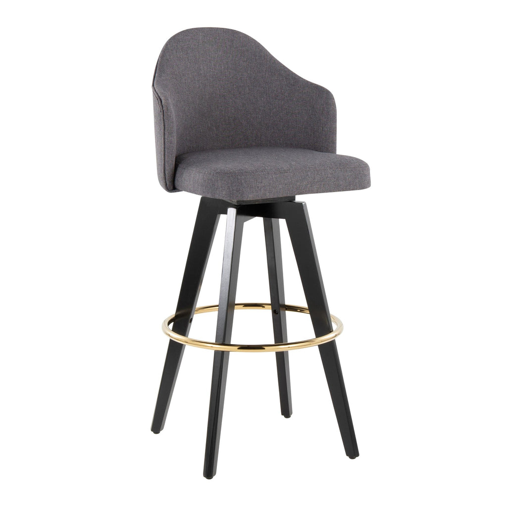 Ahoy Upholstered 30" Fixed-Height Barstool - Set of 2 - Black Wood, Grey Fabric, Gold Metal