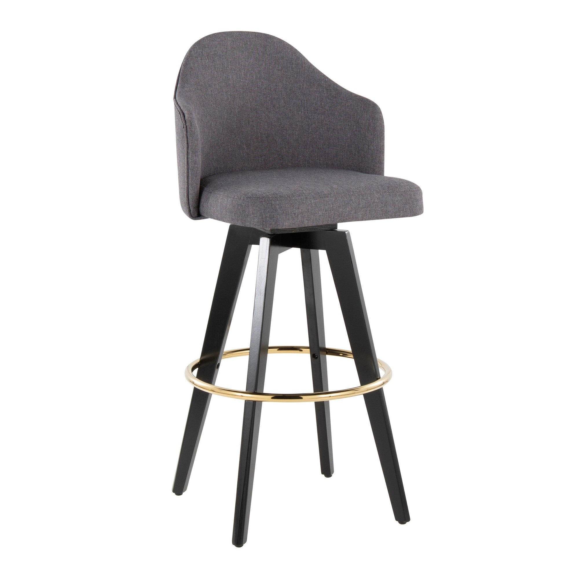 Ahoy Upholstered 30" Fixed-Height Barstool - Set of 2 - Black Wood, Grey Fabric, Gold Metal