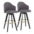 Ahoy Upholstered 30" Fixed-Height Barstool - Set of 2 - Black Wood, Grey Fabric, Gold Metal