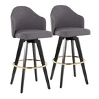 Ahoy Upholstered 30" Fixed-Height Barstool - Set of 2 - Black Wood, Grey Fabric, Gold Metal