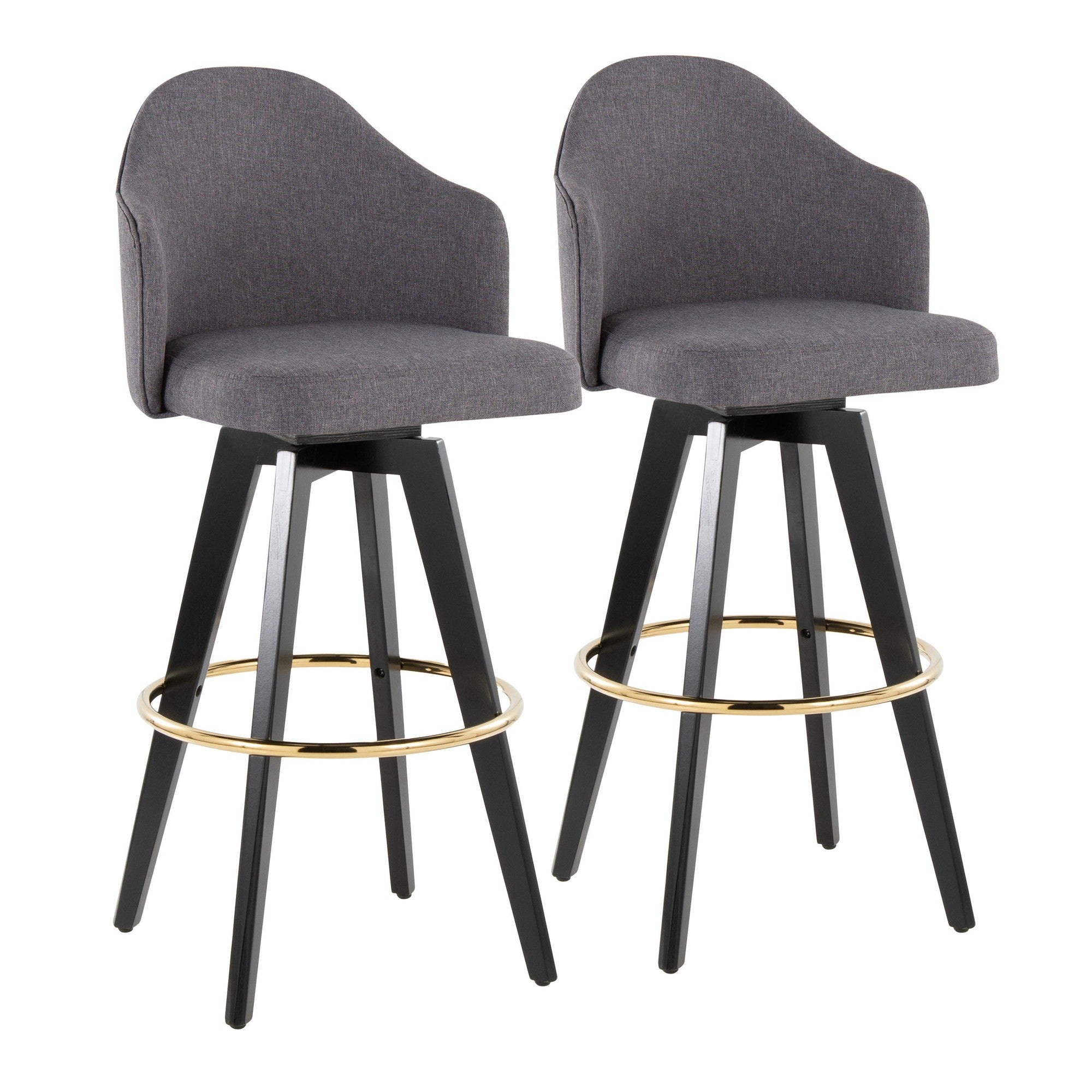 Ahoy Upholstered 30" Fixed-Height Barstool - Set of 2 - Black Wood, Grey Fabric, Gold Metal
