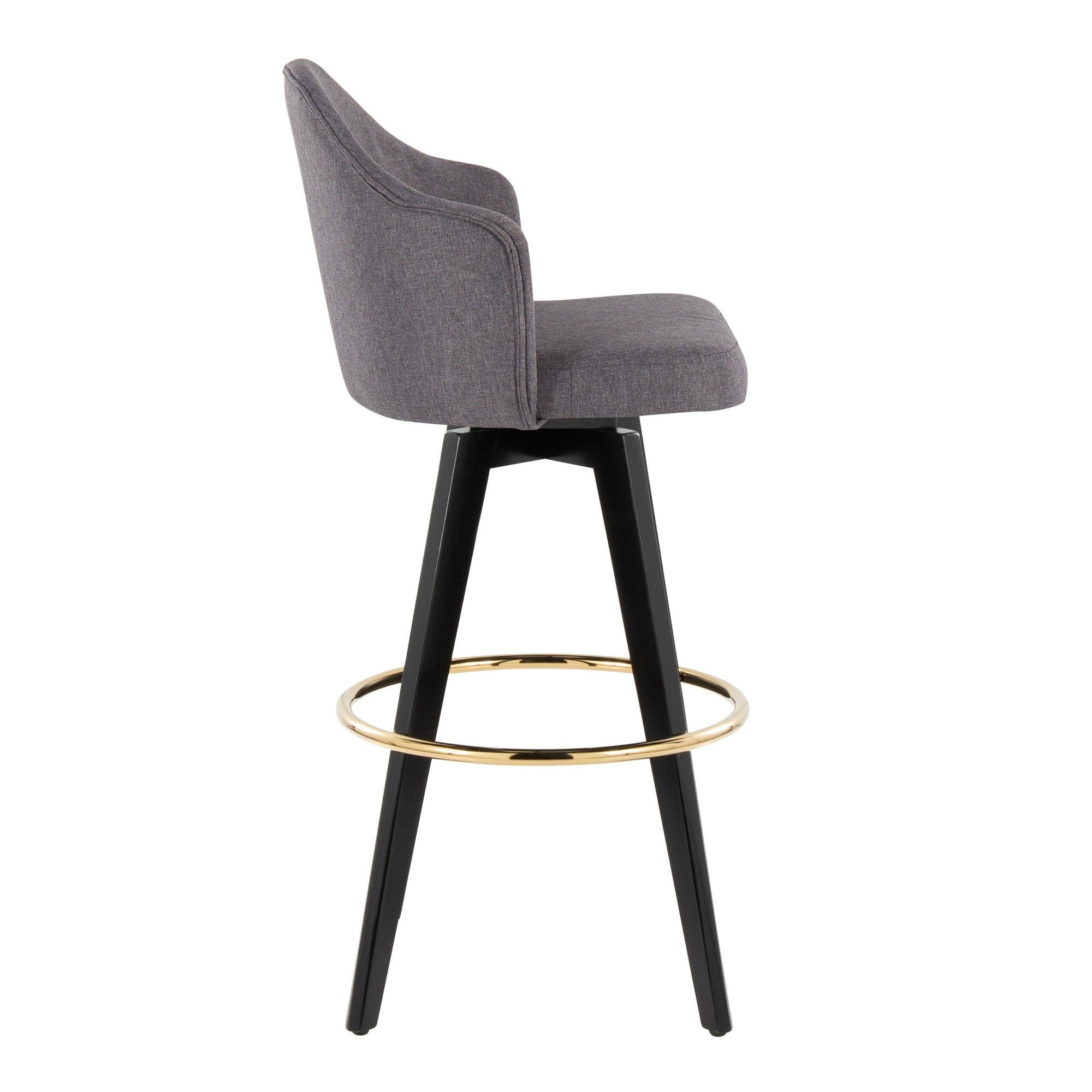 Ahoy Upholstered 30" Fixed-Height Barstool - Set of 2 - Black Wood, Grey Fabric, Gold Metal