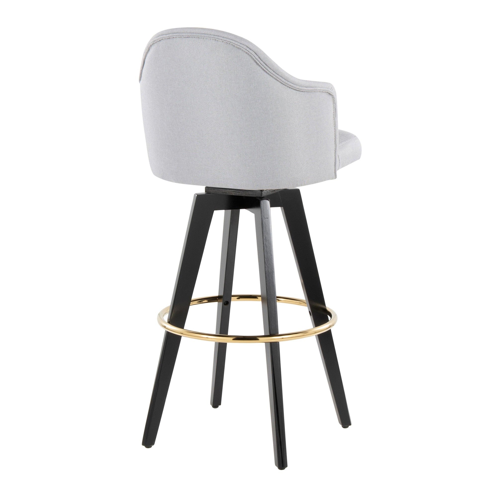 Ahoy Upholstered 30" Fixed-Height Barstool - Set of 2 - Black Wood, Light Grey Fabric, Gold Metal