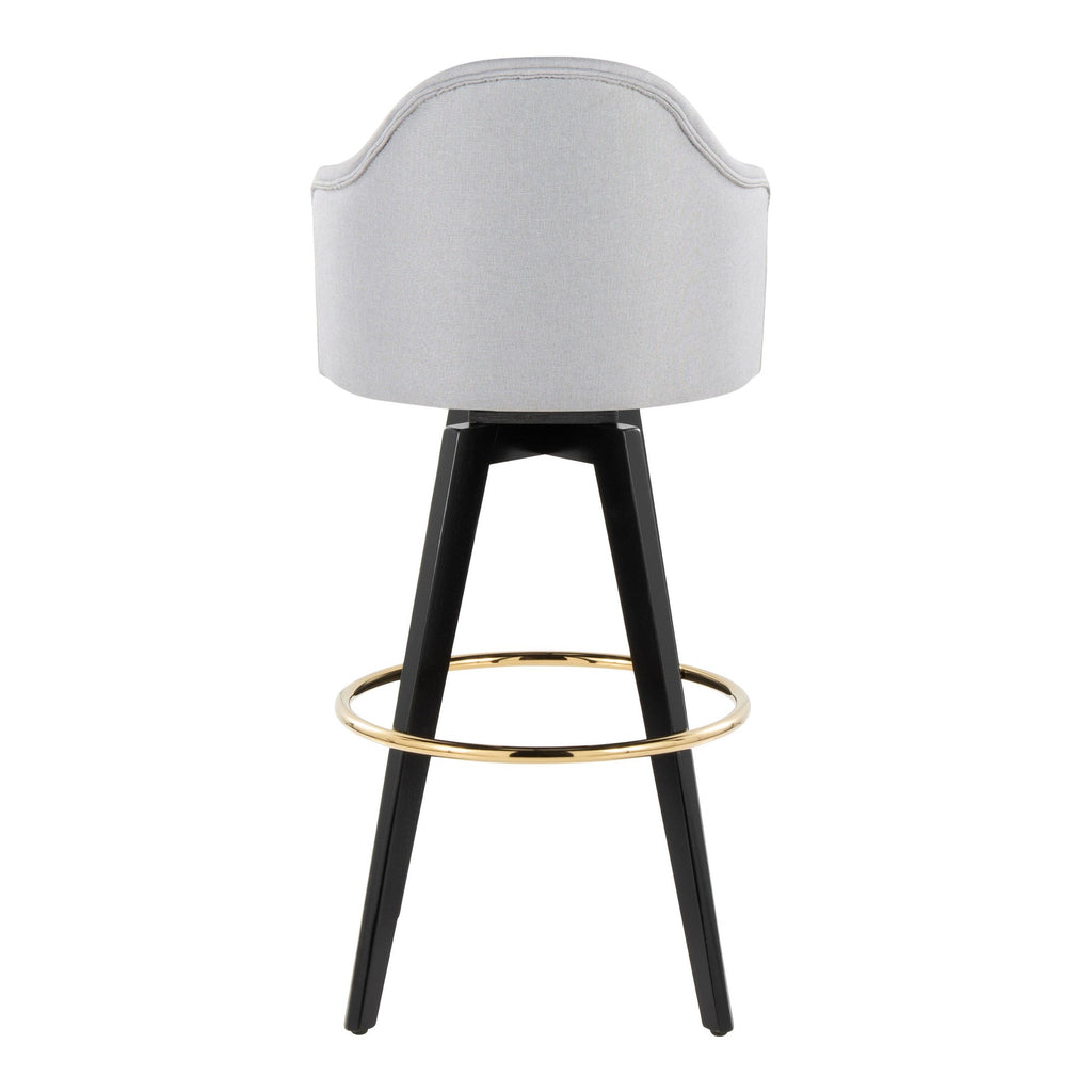 Ahoy Upholstered 30" Fixed-Height Barstool - Set of 2 - Black Wood, Light Grey Fabric, Gold Metal