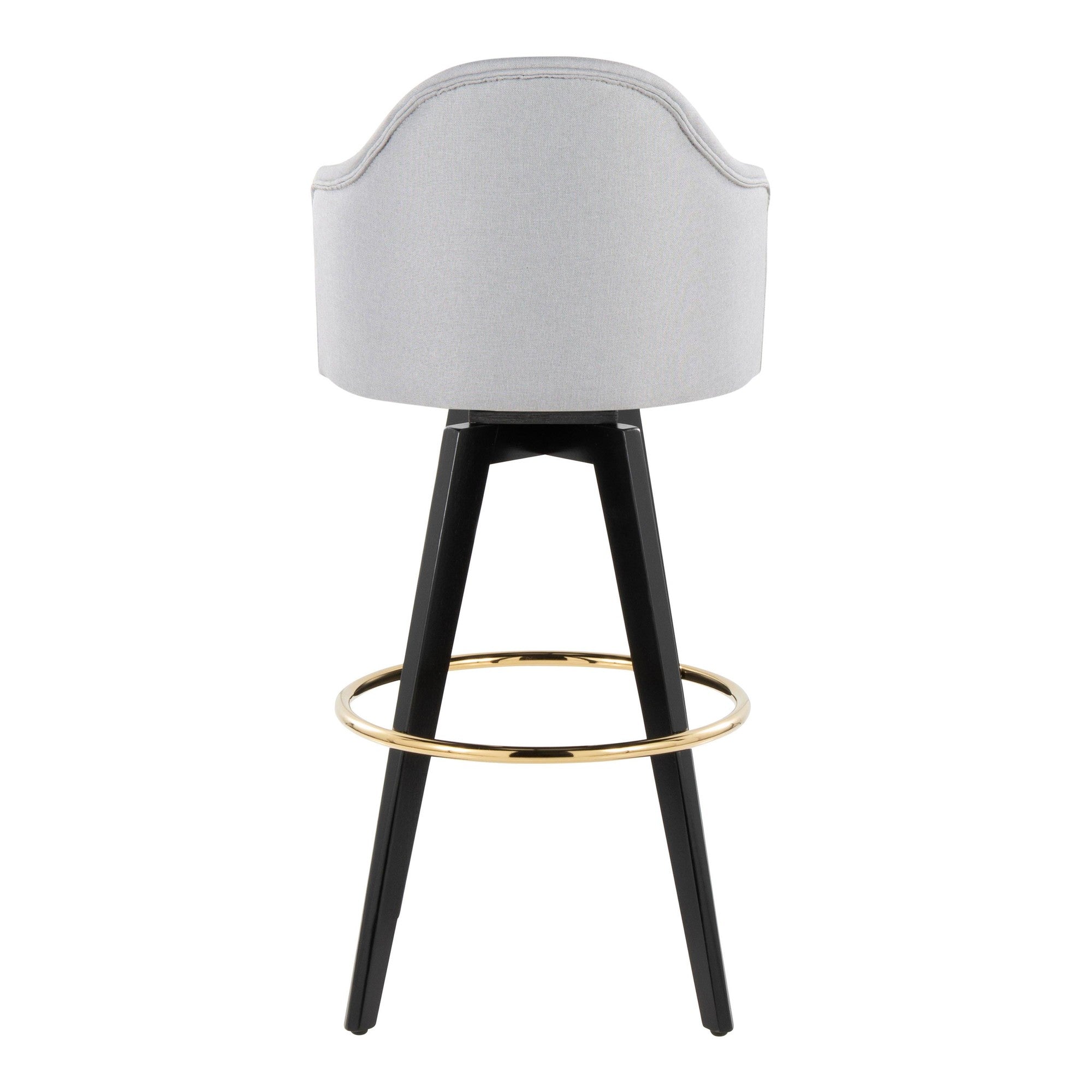 Ahoy Upholstered 30" Fixed-Height Barstool - Set of 2 - Black Wood, Light Grey Fabric, Gold Metal