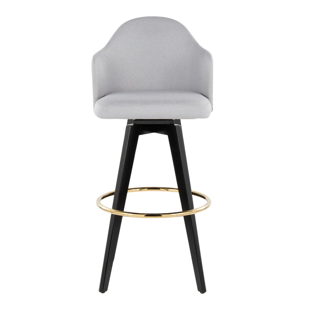 Ahoy Upholstered 30" Fixed-Height Barstool - Set of 2 - Black Wood, Light Grey Fabric, Gold Metal