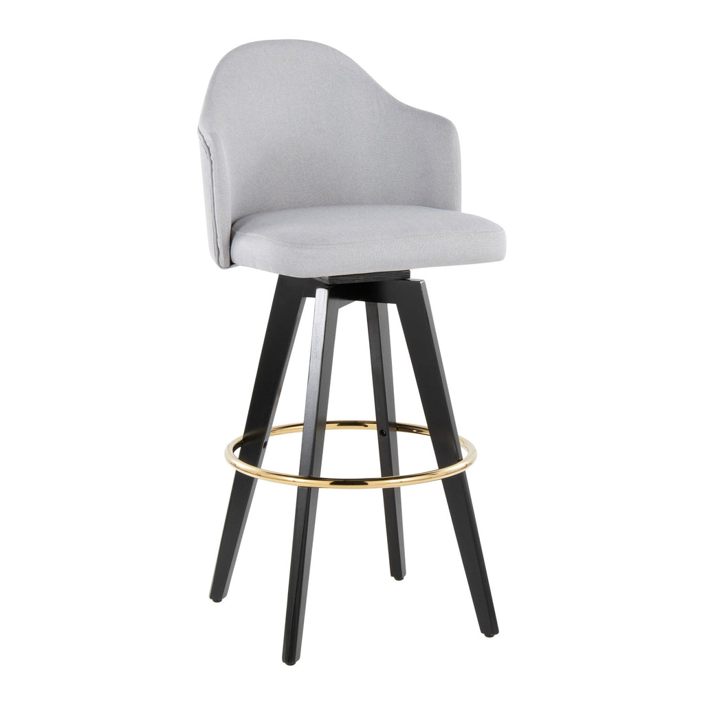 Ahoy Upholstered 30" Fixed-Height Barstool - Set of 2 - Black Wood, Light Grey Fabric, Gold Metal