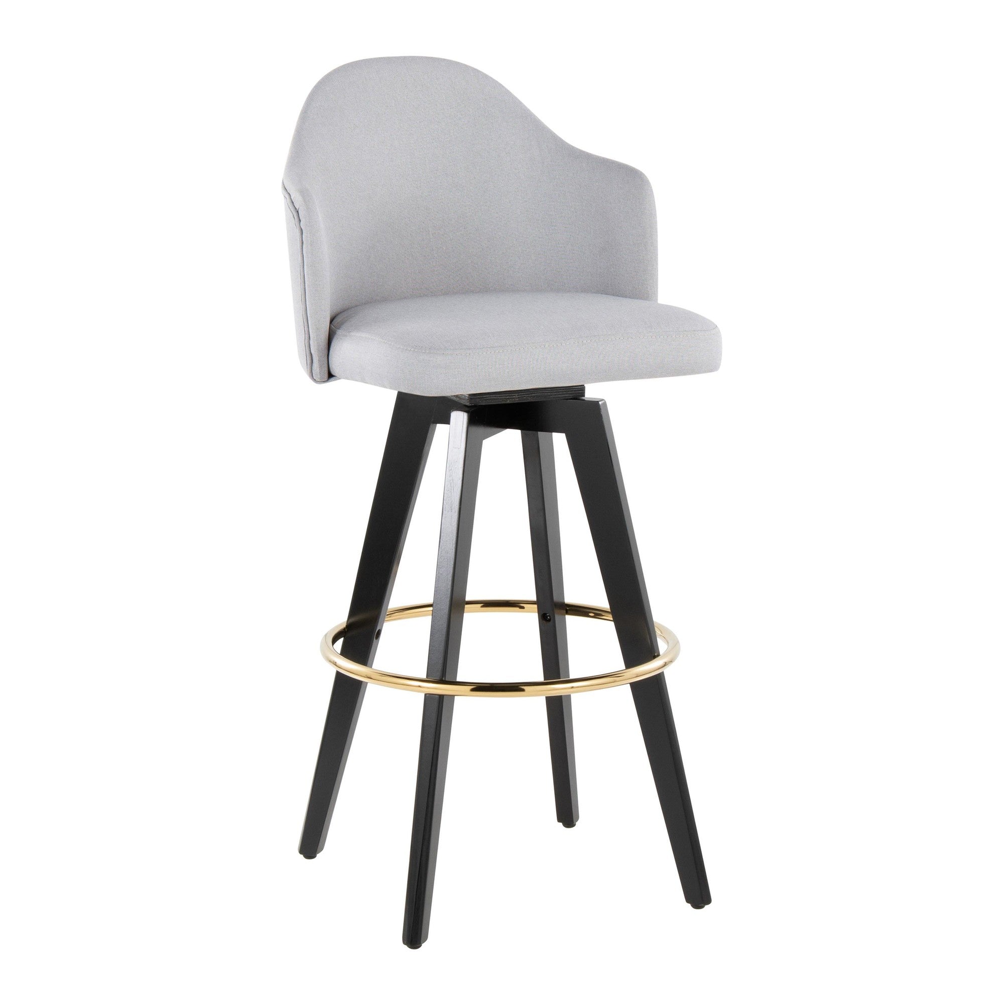 Ahoy Upholstered 30" Fixed-Height Barstool - Set of 2 - Black Wood, Light Grey Fabric, Gold Metal