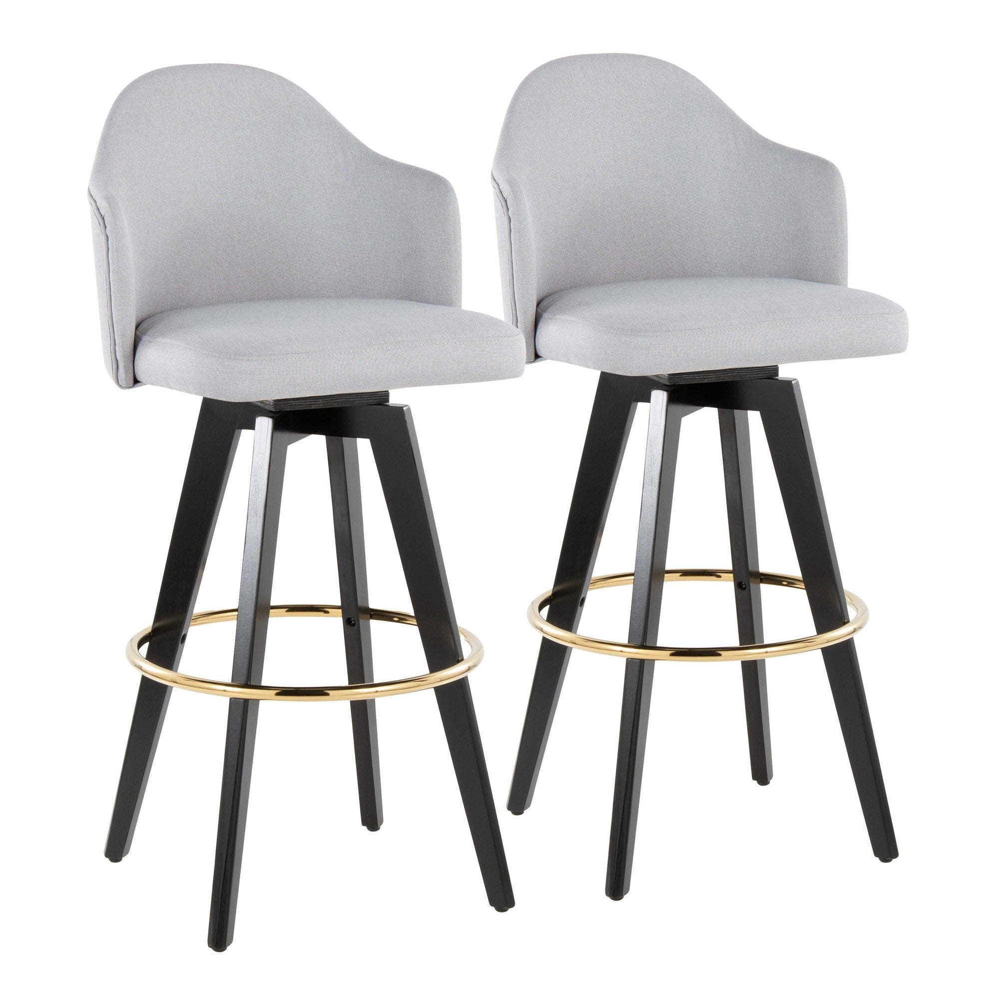 Ahoy Upholstered 30" Fixed-Height Barstool - Set of 2 - Black Wood, Light Grey Fabric, Gold Metal