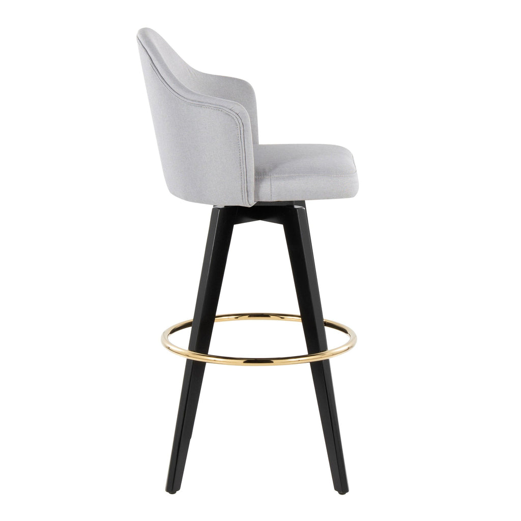 Ahoy Upholstered 30" Fixed-Height Barstool - Set of 2 - Black Wood, Light Grey Fabric, Gold Metal