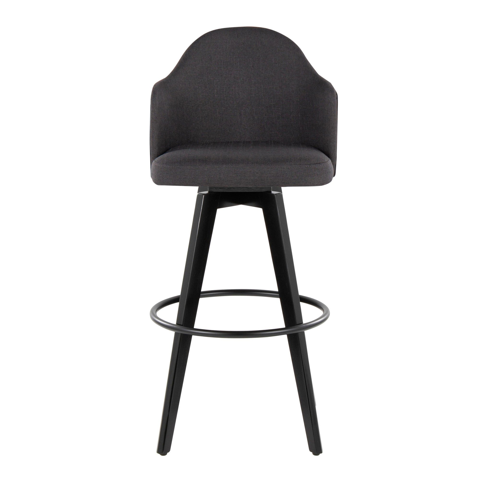 Ahoy Upholstered 30" Fixed-Height Barstool - Set of 2 - Black Wood, Charcoal Fabric, Black Metal