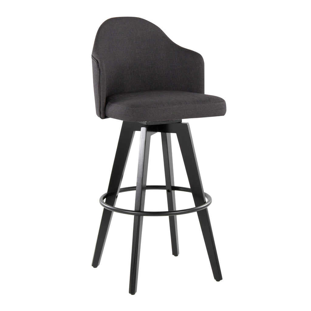 Ahoy Upholstered 30" Fixed-Height Barstool - Set of 2 - Black Wood, Charcoal Fabric, Black Metal