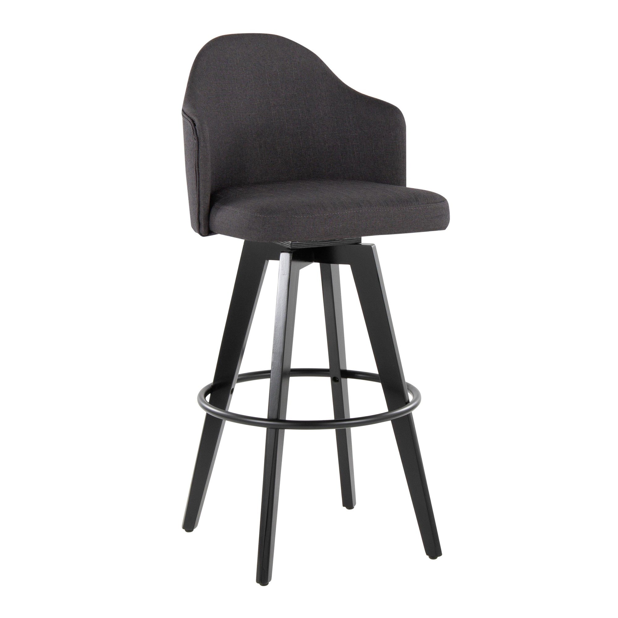 Ahoy Upholstered 30" Fixed-Height Barstool - Set of 2 - Black Wood, Charcoal Fabric, Black Metal