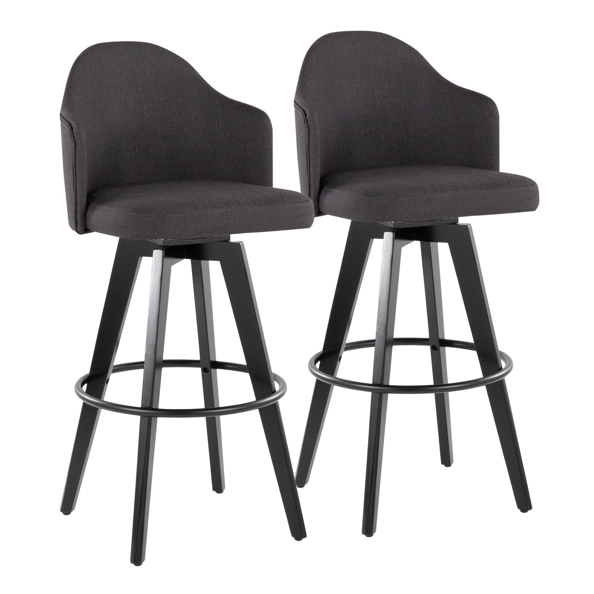 Ahoy Upholstered 30" Fixed-Height Barstool - Set of 2 - Black Wood, Charcoal Fabric, Black Metal
