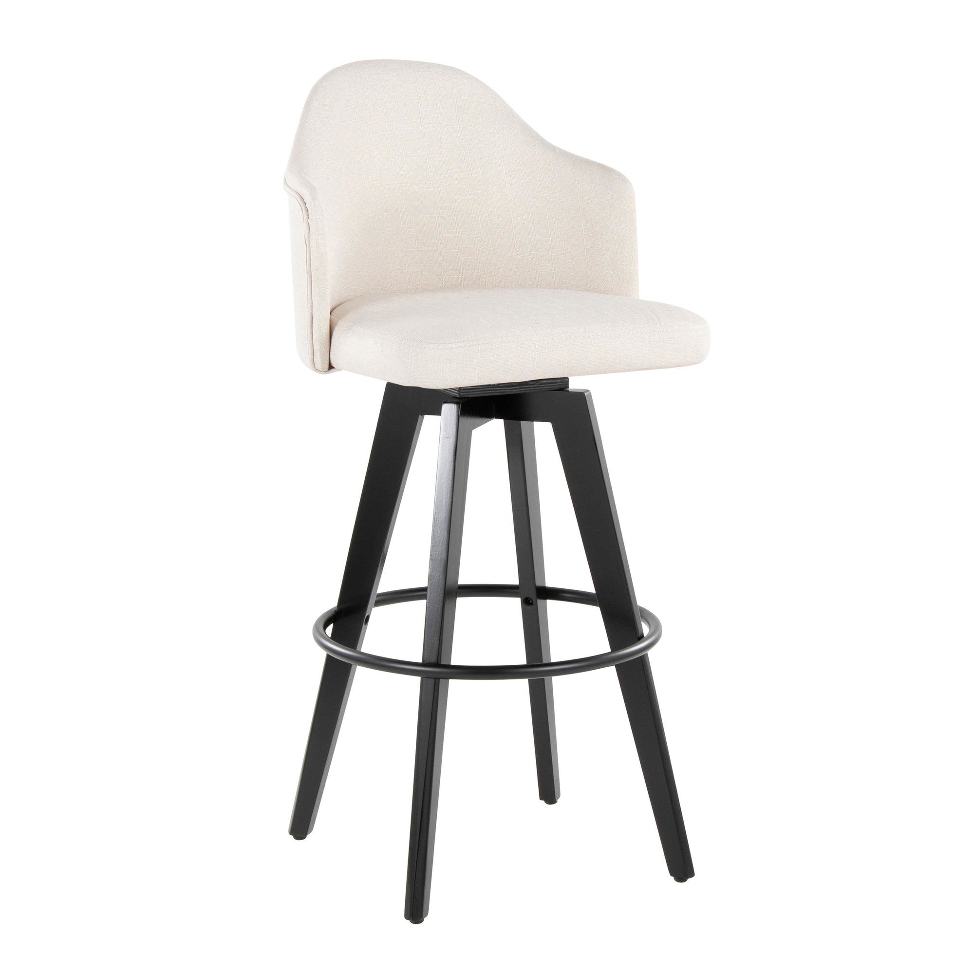 Ahoy Upholstered 30" Fixed-Height Barstool - Set of 2 - Black Wood, Cream Fabric, Black Metal