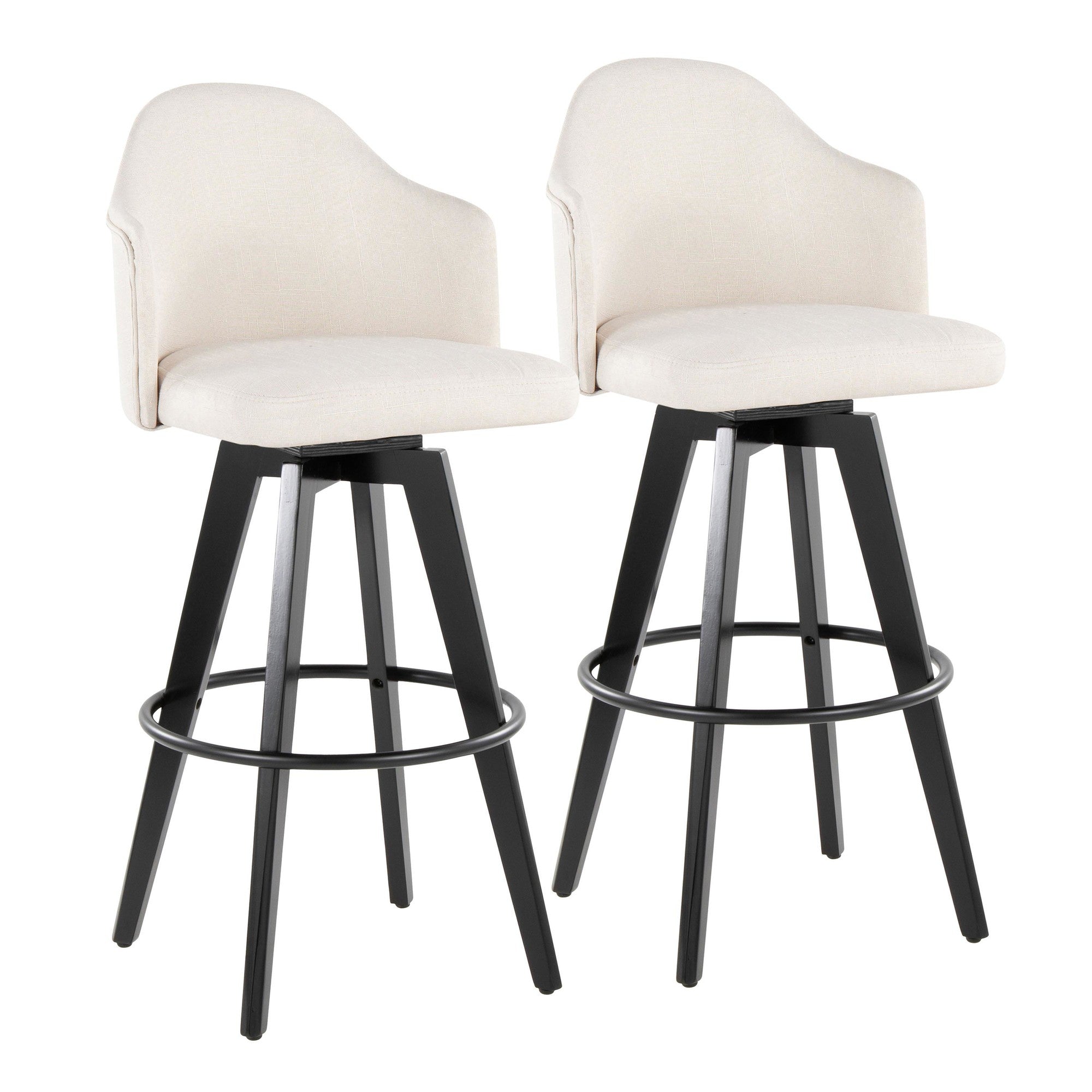 Ahoy Upholstered 30" Fixed-Height Barstool - Set of 2 - Black Wood, Cream Fabric, Black Metal