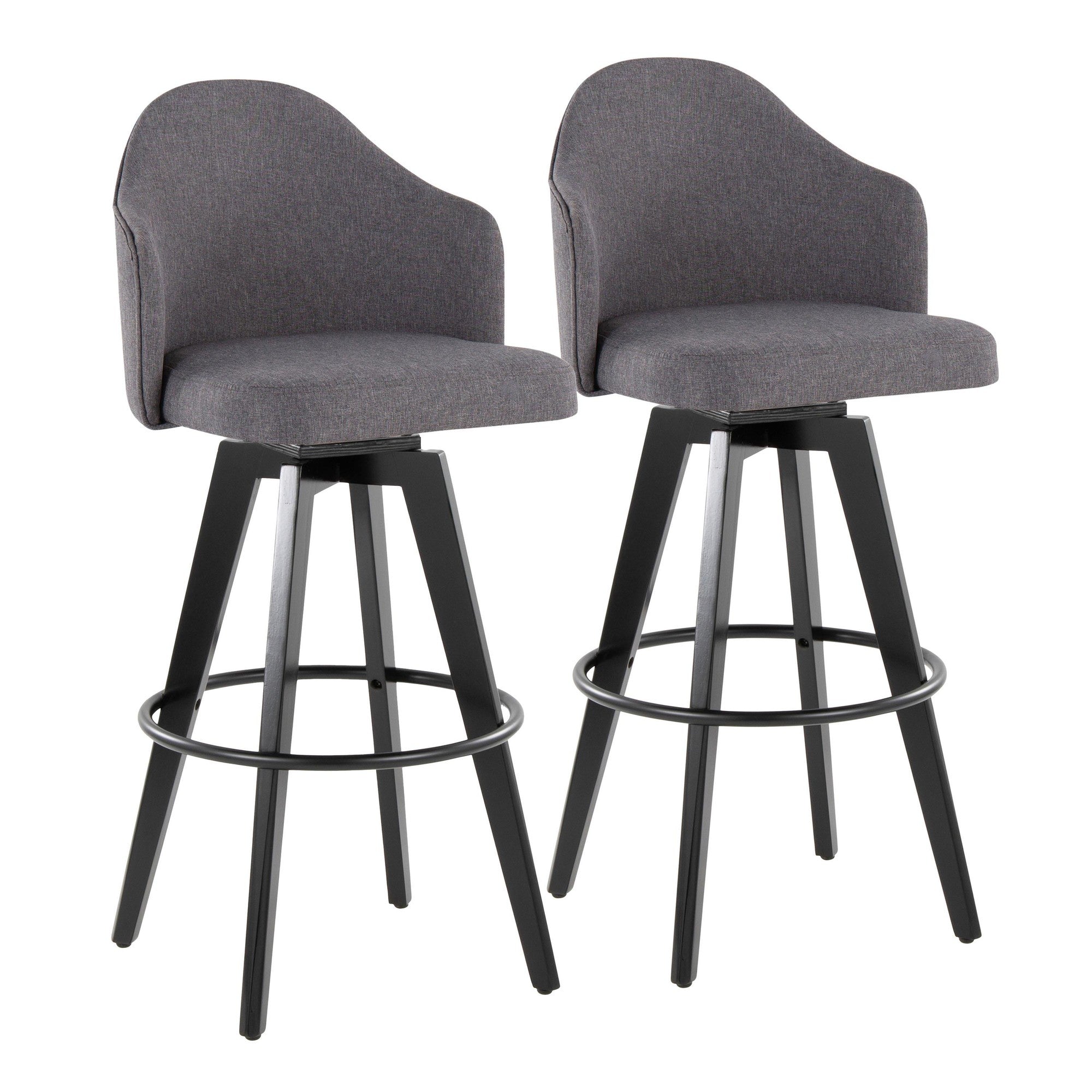 Ahoy Upholstered 30" Fixed-Height Barstool - Set of 2 - Black Wood, Grey Fabric, Black Metal