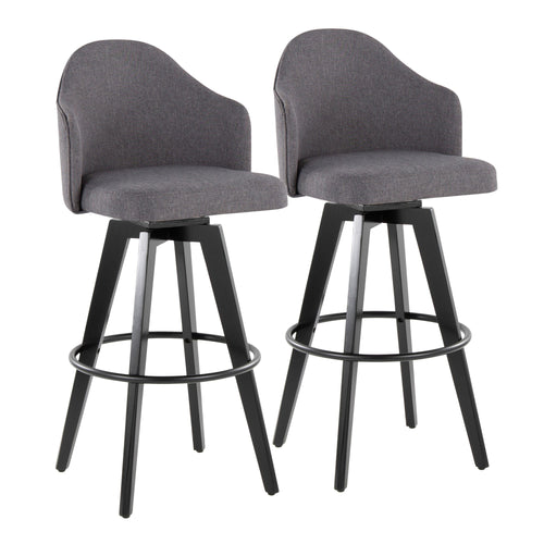 Ahoy Upholstered 30" Fixed-Height Barstool - Set of 2 - Black Wood, Grey Fabric, Black Metal