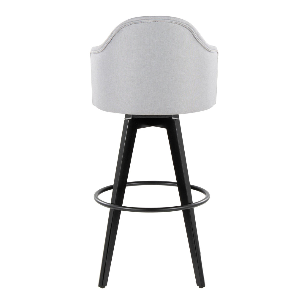 Ahoy Upholstered 30" Fixed-Height Barstool - Set of 2 - Black Wood, Light Grey Fabric, Black Metal