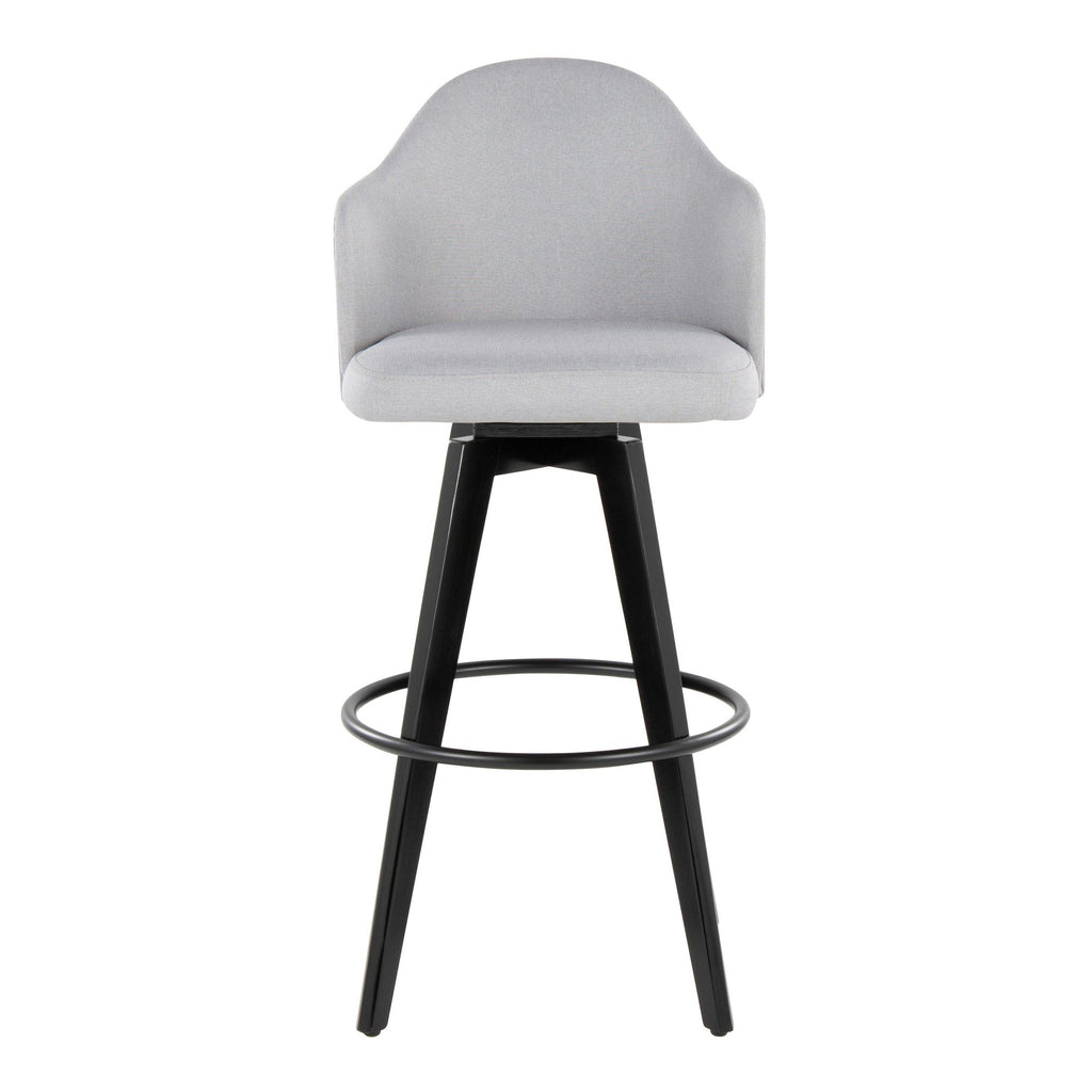 Ahoy Upholstered 30" Fixed-Height Barstool - Set of 2 - Black Wood, Light Grey Fabric, Black Metal