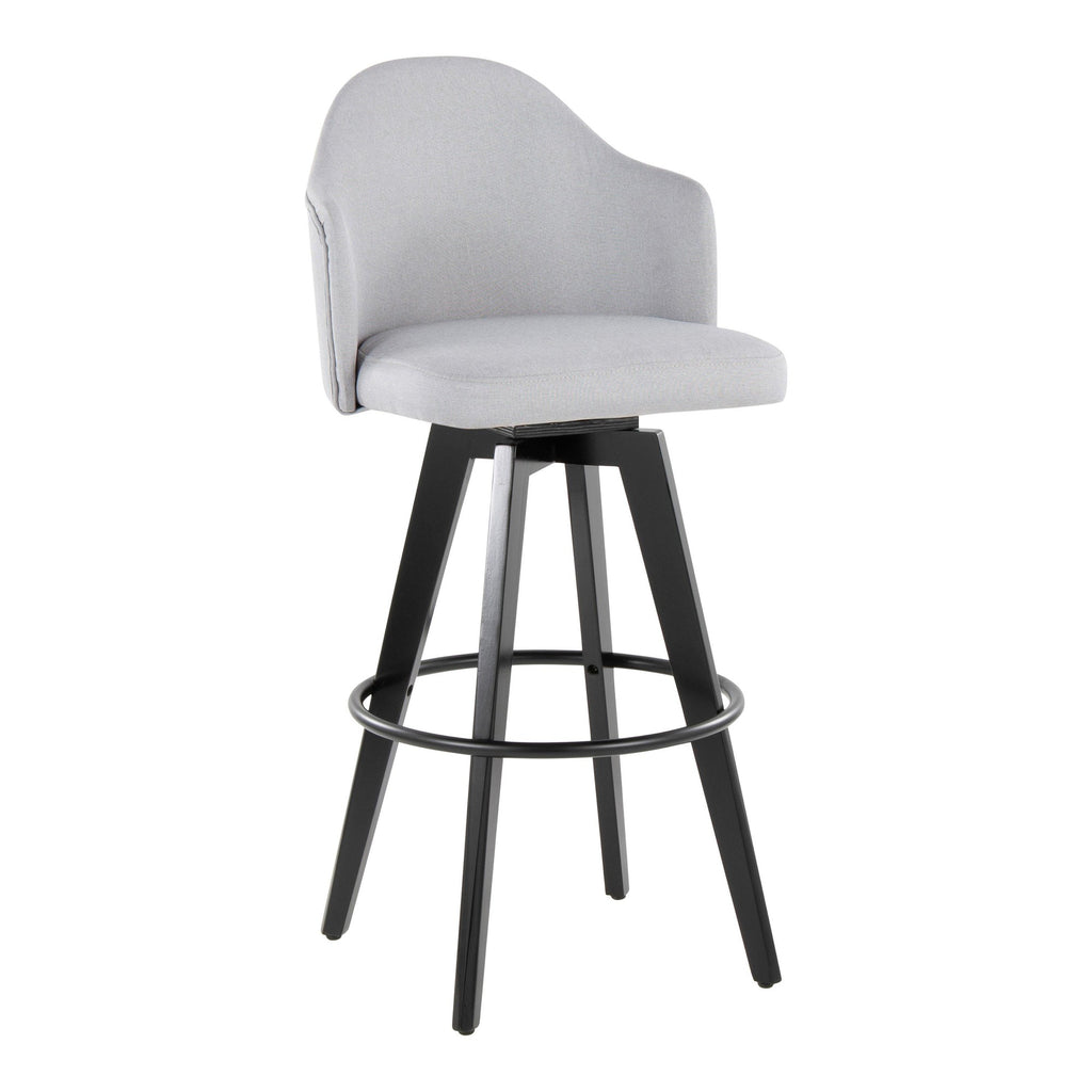 Ahoy Upholstered 30" Fixed-Height Barstool - Set of 2 - Black Wood, Light Grey Fabric, Black Metal