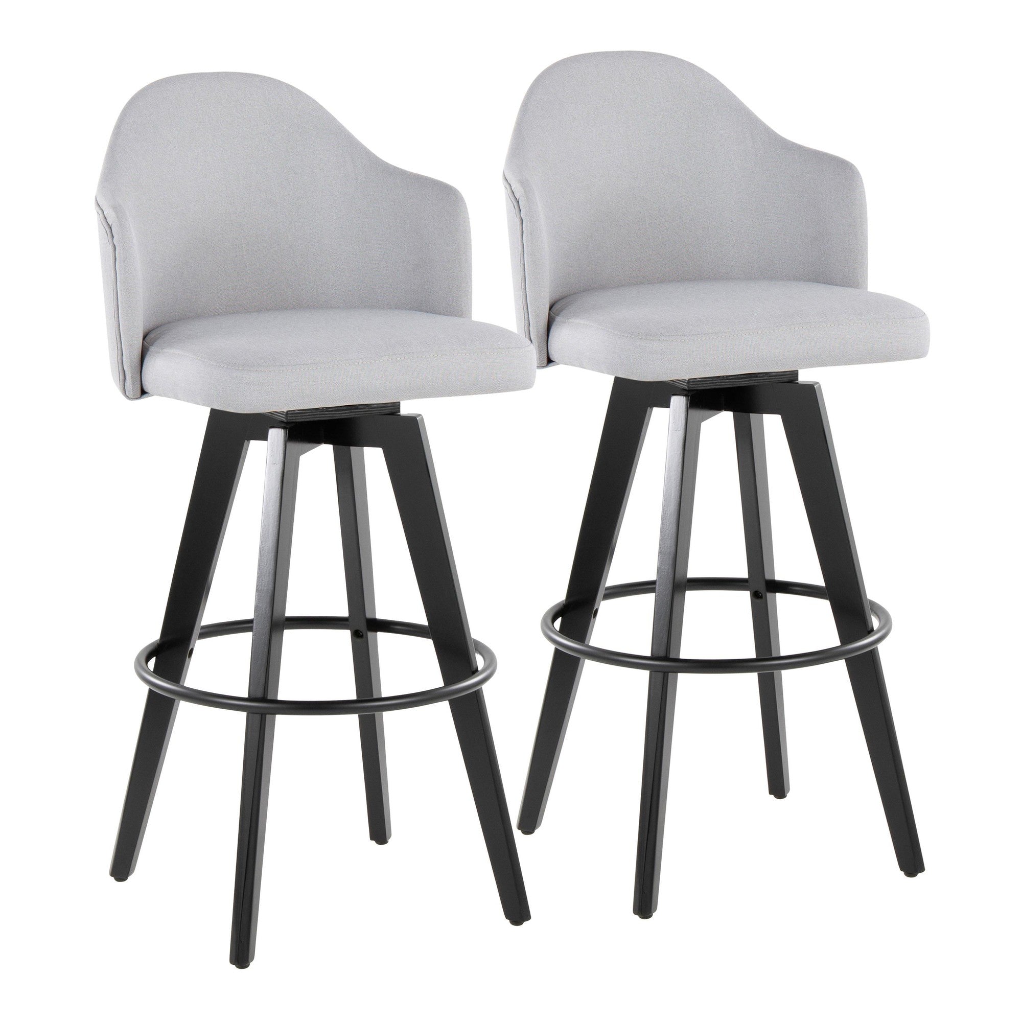 Ahoy Upholstered 30" Fixed-Height Barstool - Set of 2 - Black Wood, Light Grey Fabric, Black Metal
