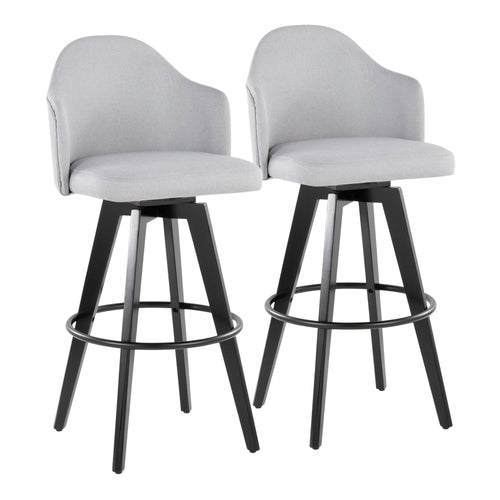 Ahoy Upholstered 30" Fixed-Height Barstool - Set of 2 - Black Wood, Light Grey Fabric, Black Metal
