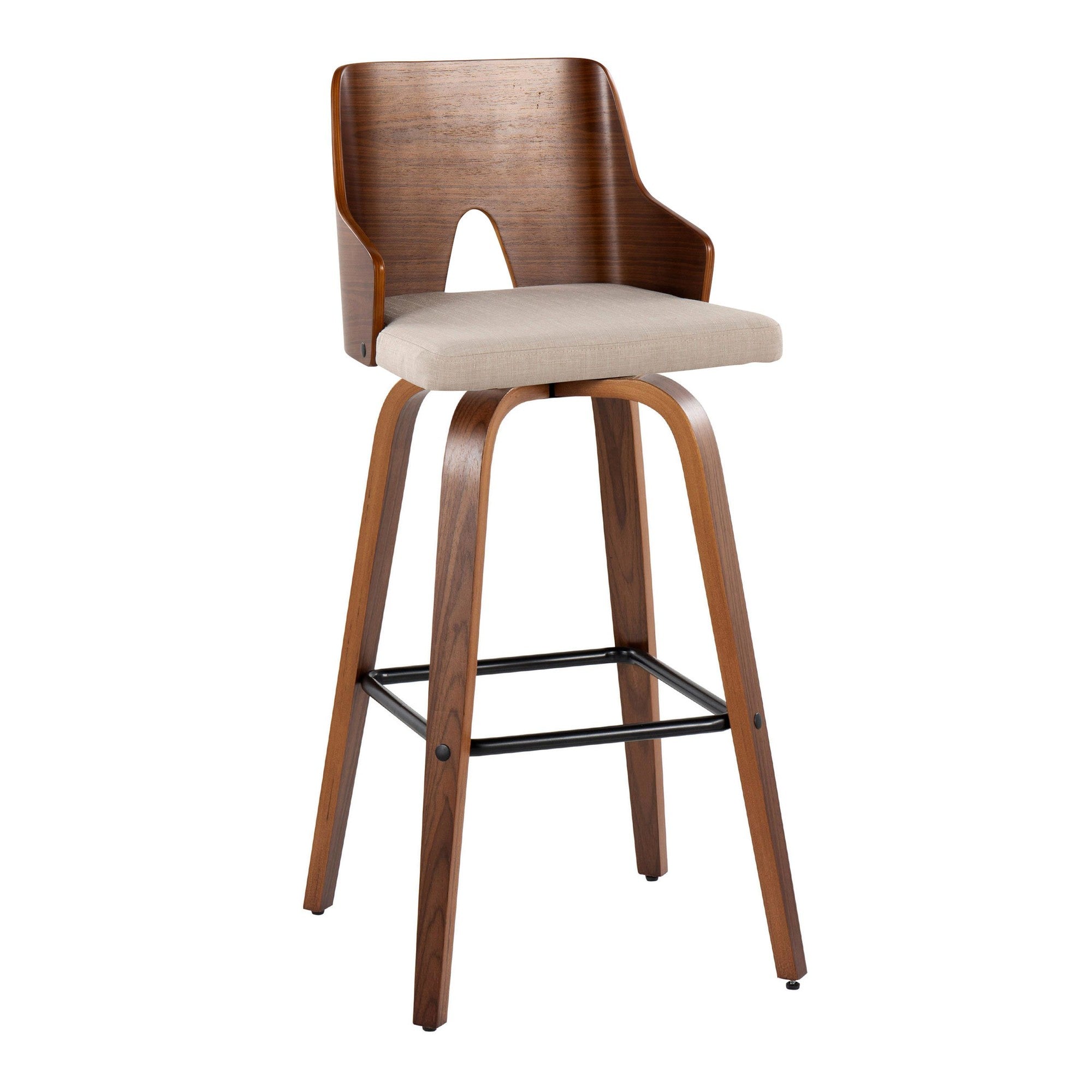 Ariana 30" Fixed-Height Barstool - Set of 2 - Walnut Wood, Beige Fabric, Black Metal