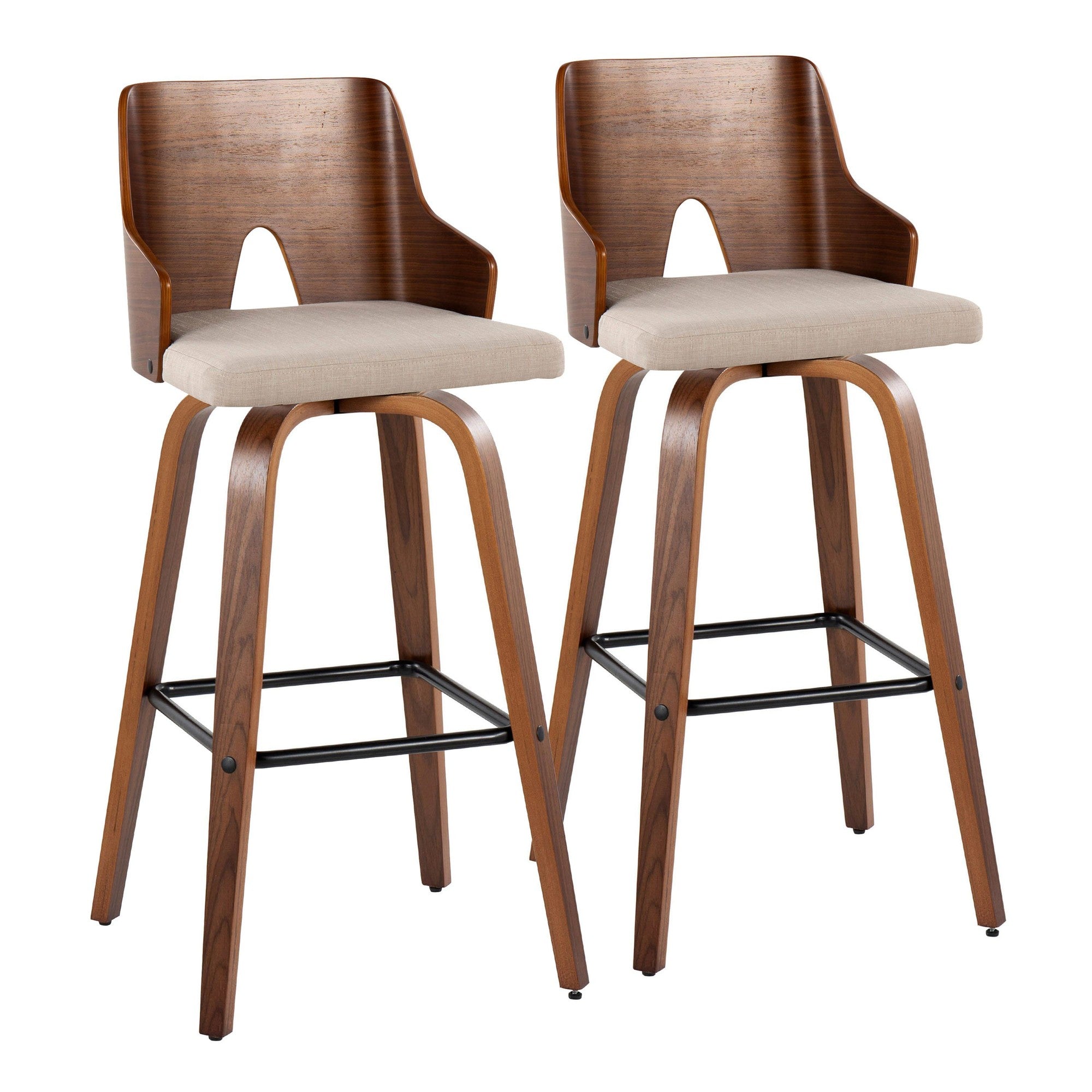 Ariana 30" Fixed-Height Barstool - Set of 2 - Walnut Wood, Beige Fabric, Black Metal