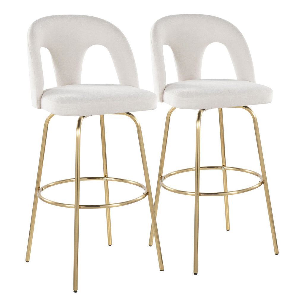 Ava Upholstered 30" Fixed-Height Barstool - Set of 2 - Gold Metal, Snow White Fabric
