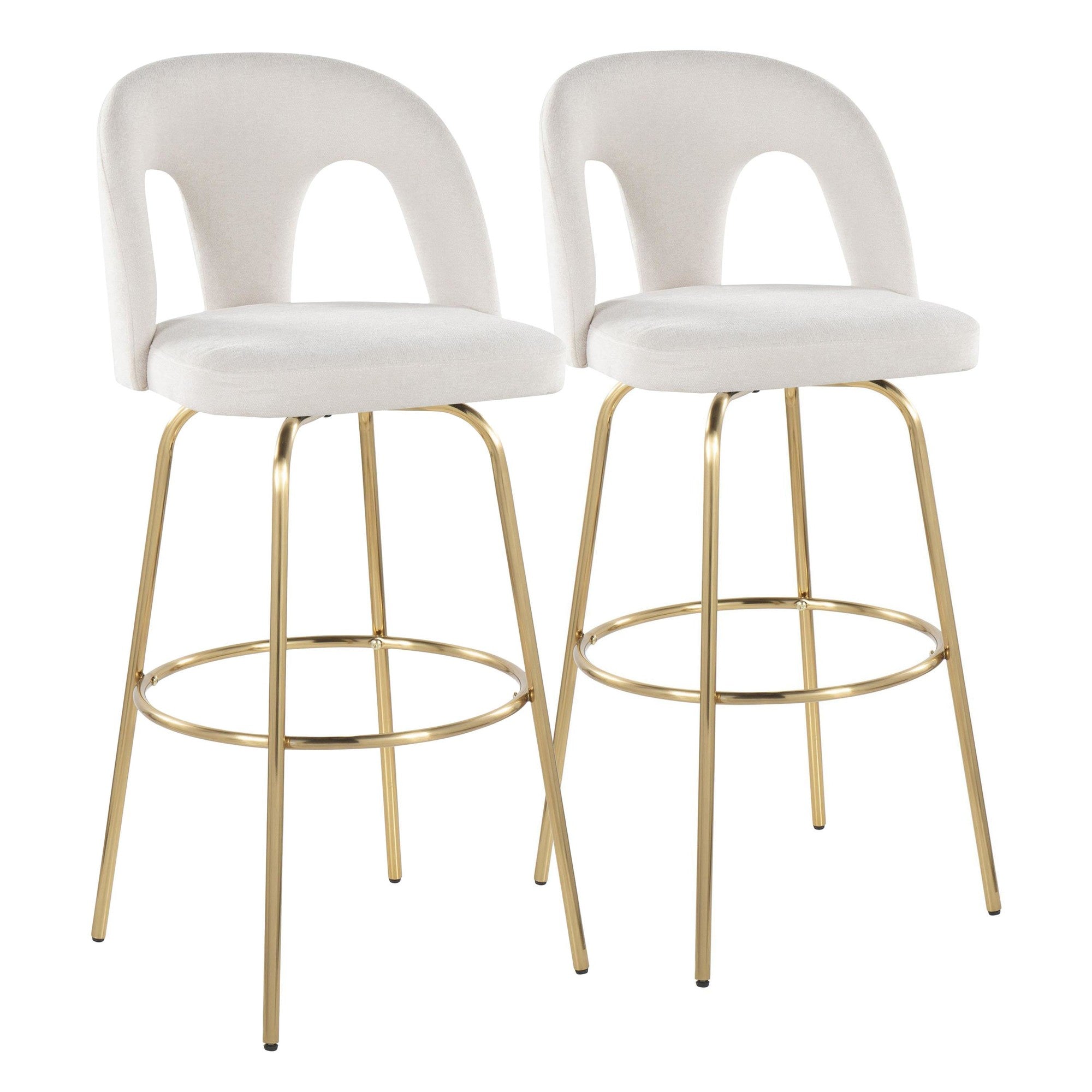 Ava Upholstered 30" Fixed-Height Barstool - Set of 2 - Gold Metal, Snow White Fabric