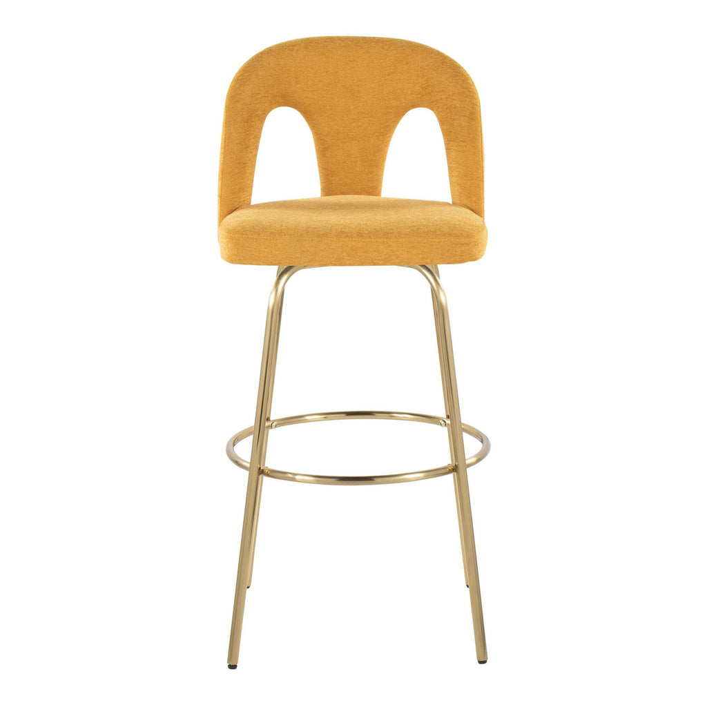 Ava Upholstered 30" Fixed-Height Barstool - Set of 2 - Gold Metal, Yellow Fabric