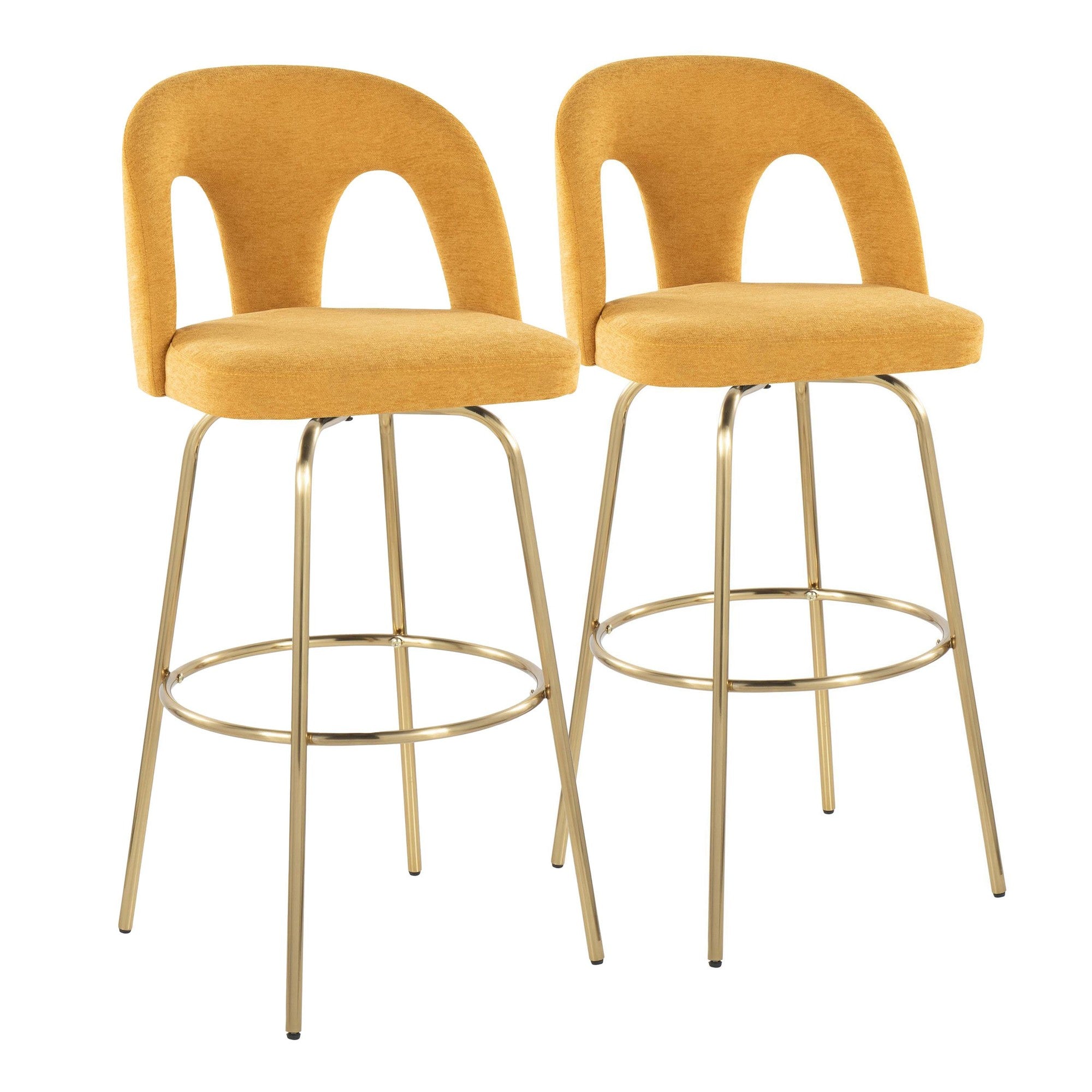 Ava Upholstered 30" Fixed-Height Barstool - Set of 2 - Gold Metal, Yellow Fabric