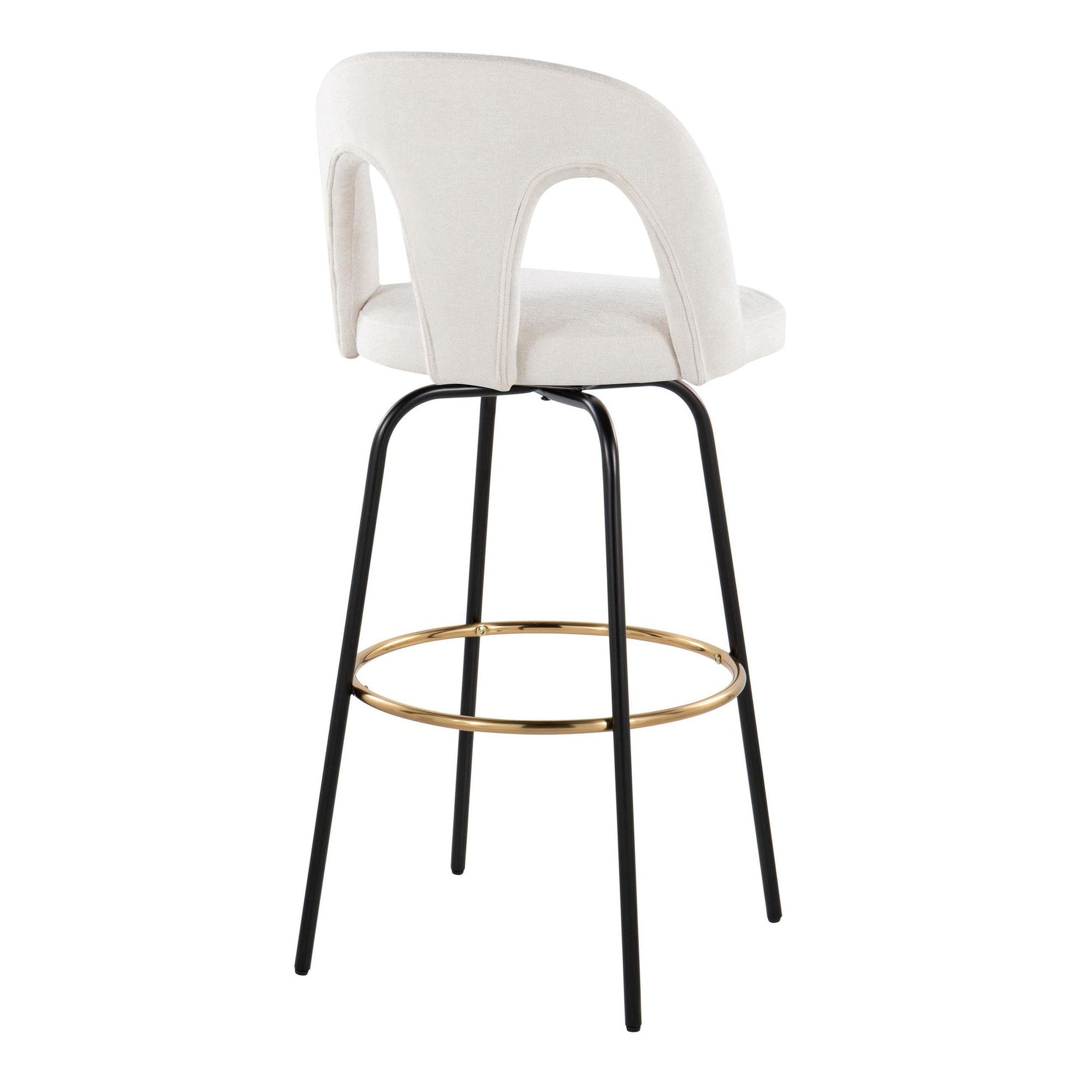 Ava Upholstered 30" Fixed-Height Barstool - Set of 2 - Black Metal, Snow White Fabric, Gold Metal