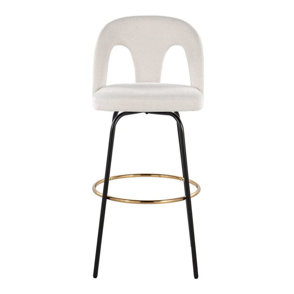 Ava Upholstered 30" Fixed-Height Barstool - Set of 2 - Black Metal, Snow White Fabric, Gold Metal