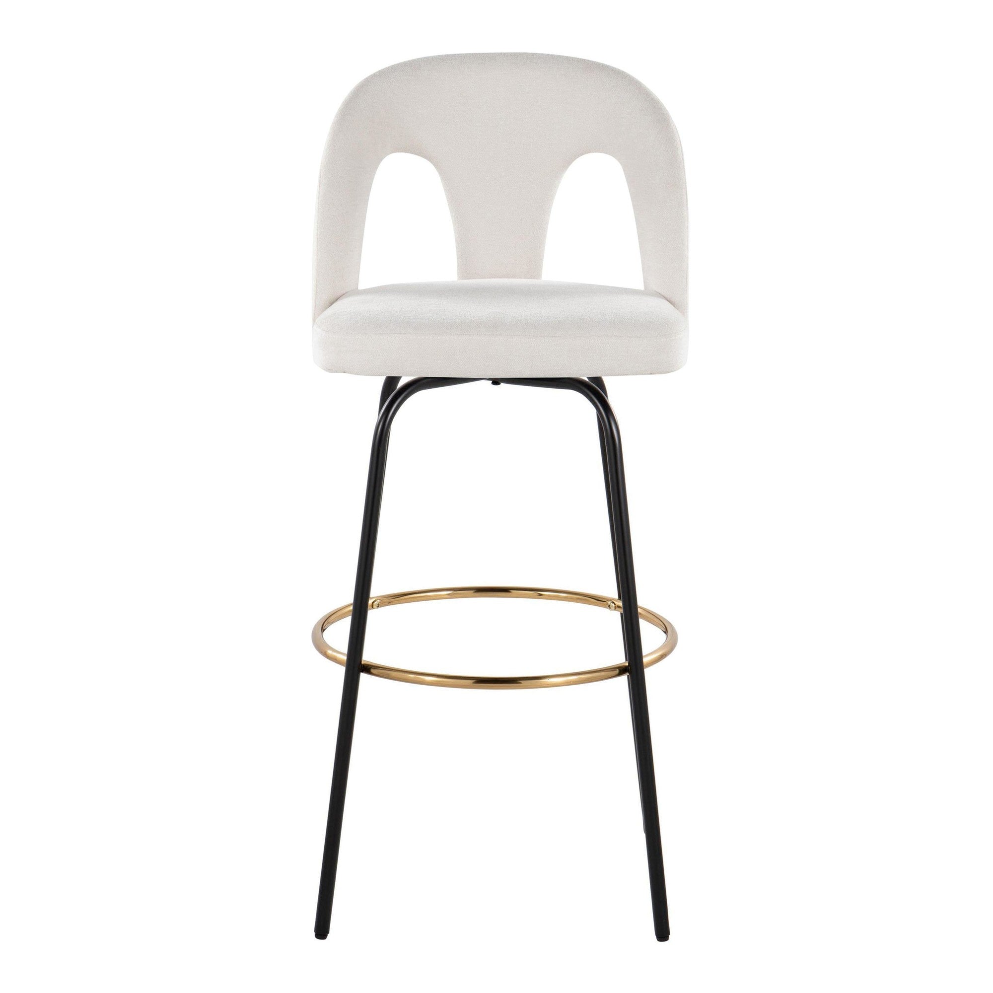 Ava Upholstered 30" Fixed-Height Barstool - Set of 2 - Black Metal, Snow White Fabric, Gold Metal