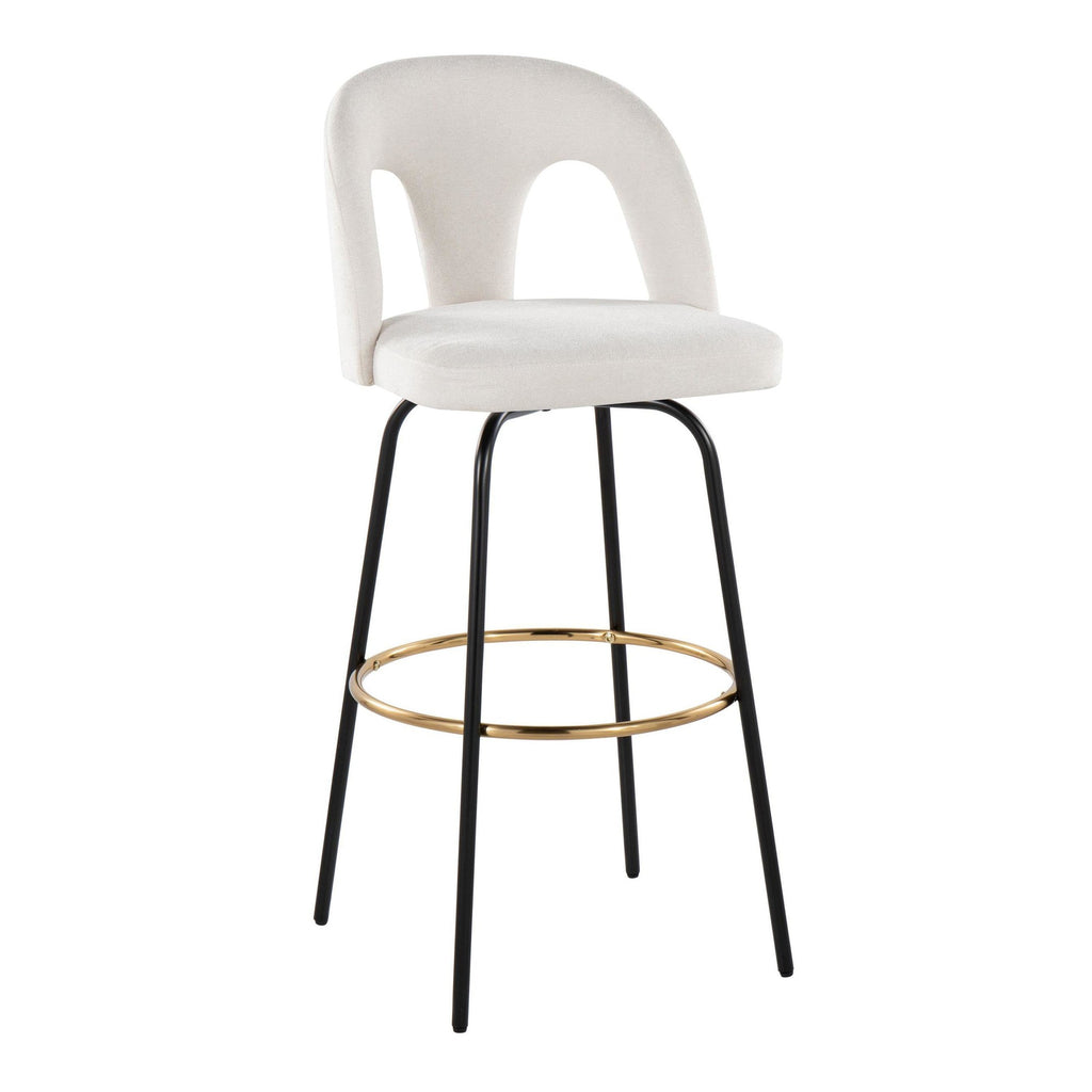 Ava Upholstered 30" Fixed-Height Barstool - Set of 2 - Black Metal, Snow White Fabric, Gold Metal