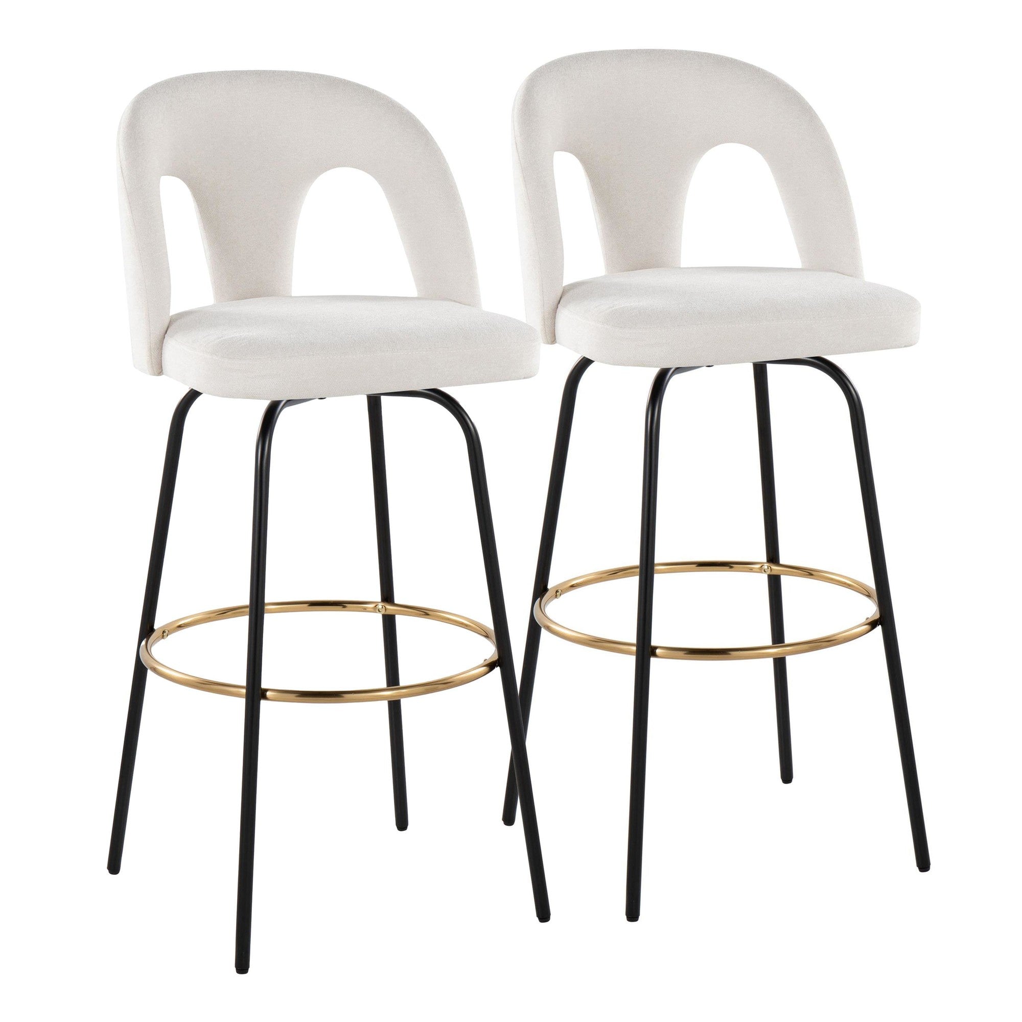Ava Upholstered 30" Fixed-Height Barstool - Set of 2 - Black Metal, Snow White Fabric, Gold Metal