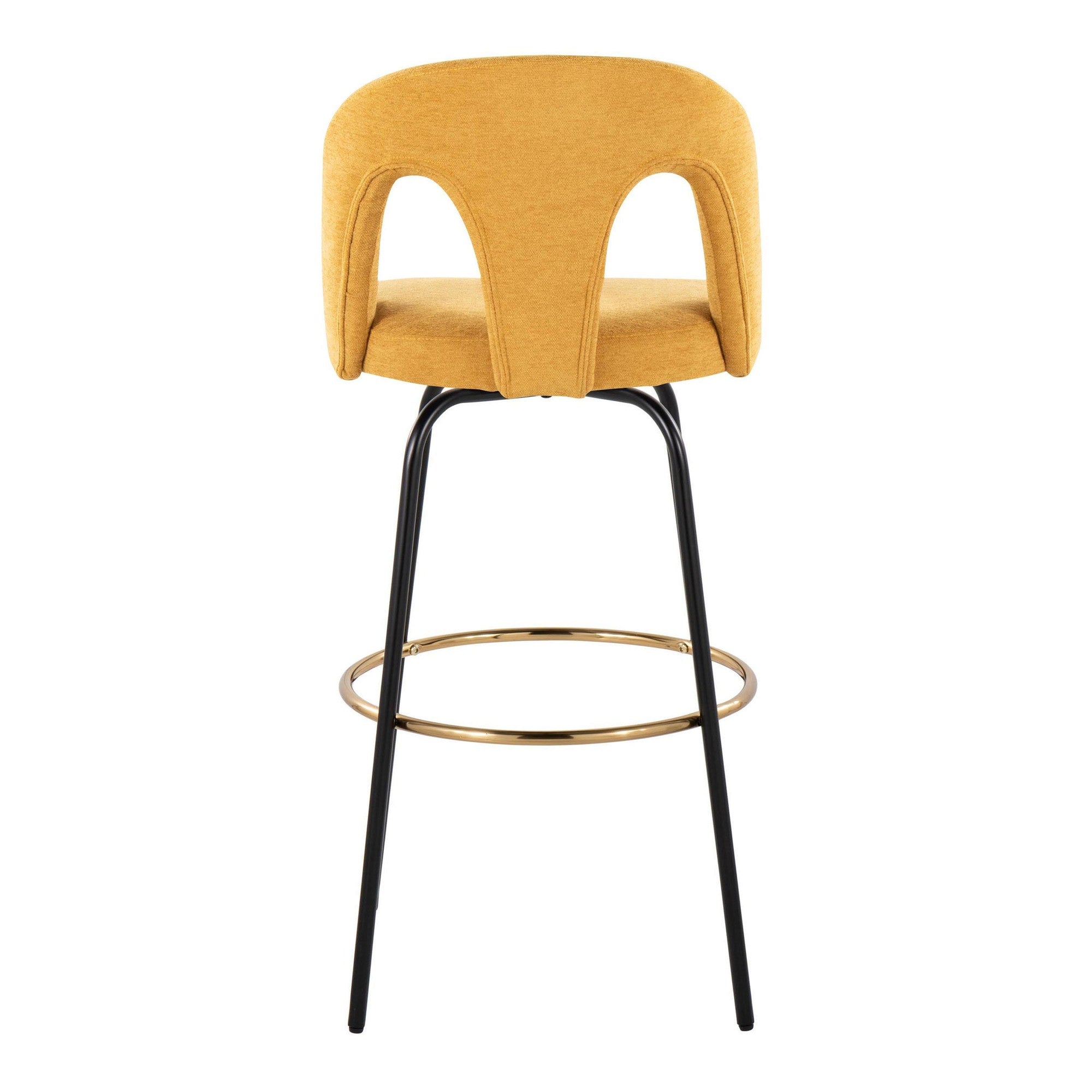 Ava Upholstered 30" Fixed-Height Barstool - Set of 2 - Black Metal, Yellow Fabric, Gold Metal