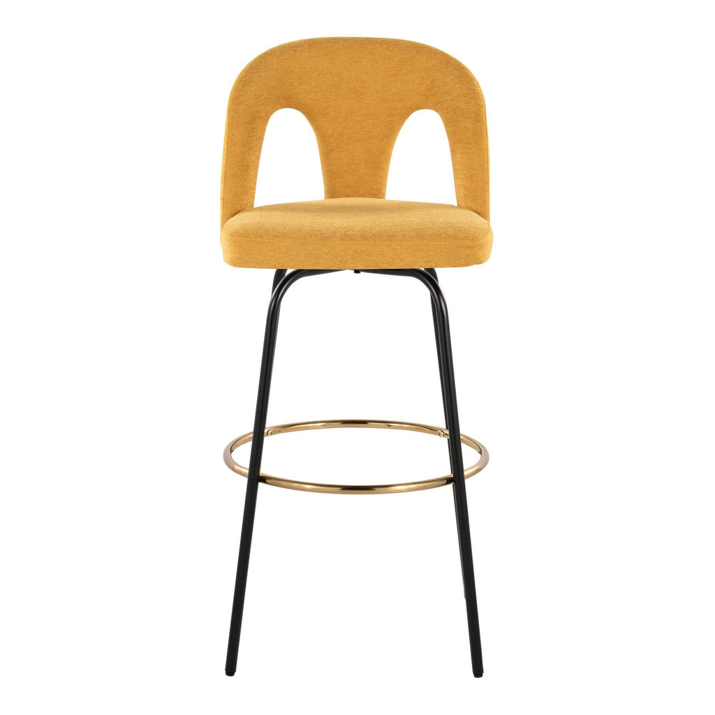 Ava Upholstered 30" Fixed-Height Barstool - Set of 2 - Black Metal, Yellow Fabric, Gold Metal