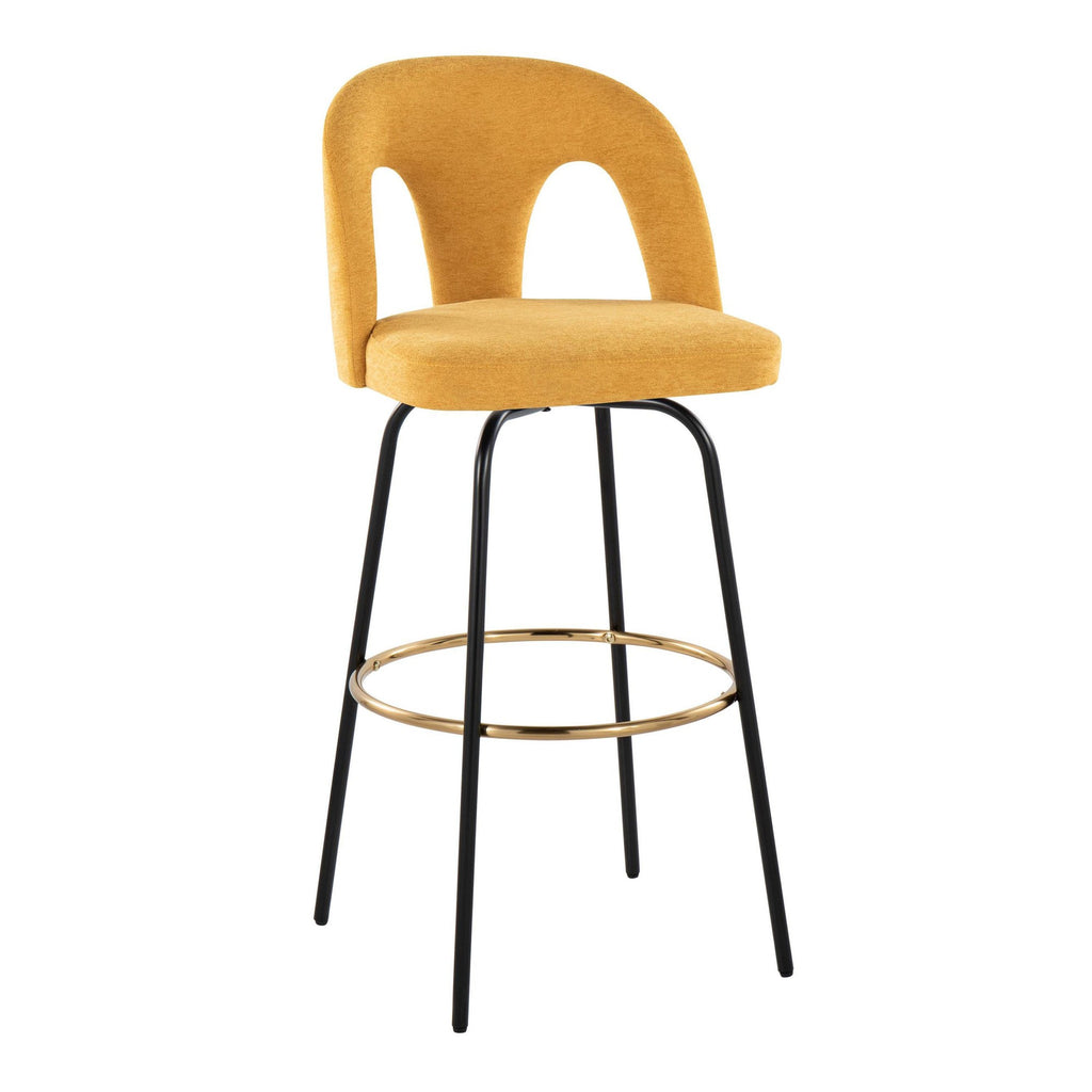 Ava Upholstered 30" Fixed-Height Barstool - Set of 2 - Black Metal, Yellow Fabric, Gold Metal