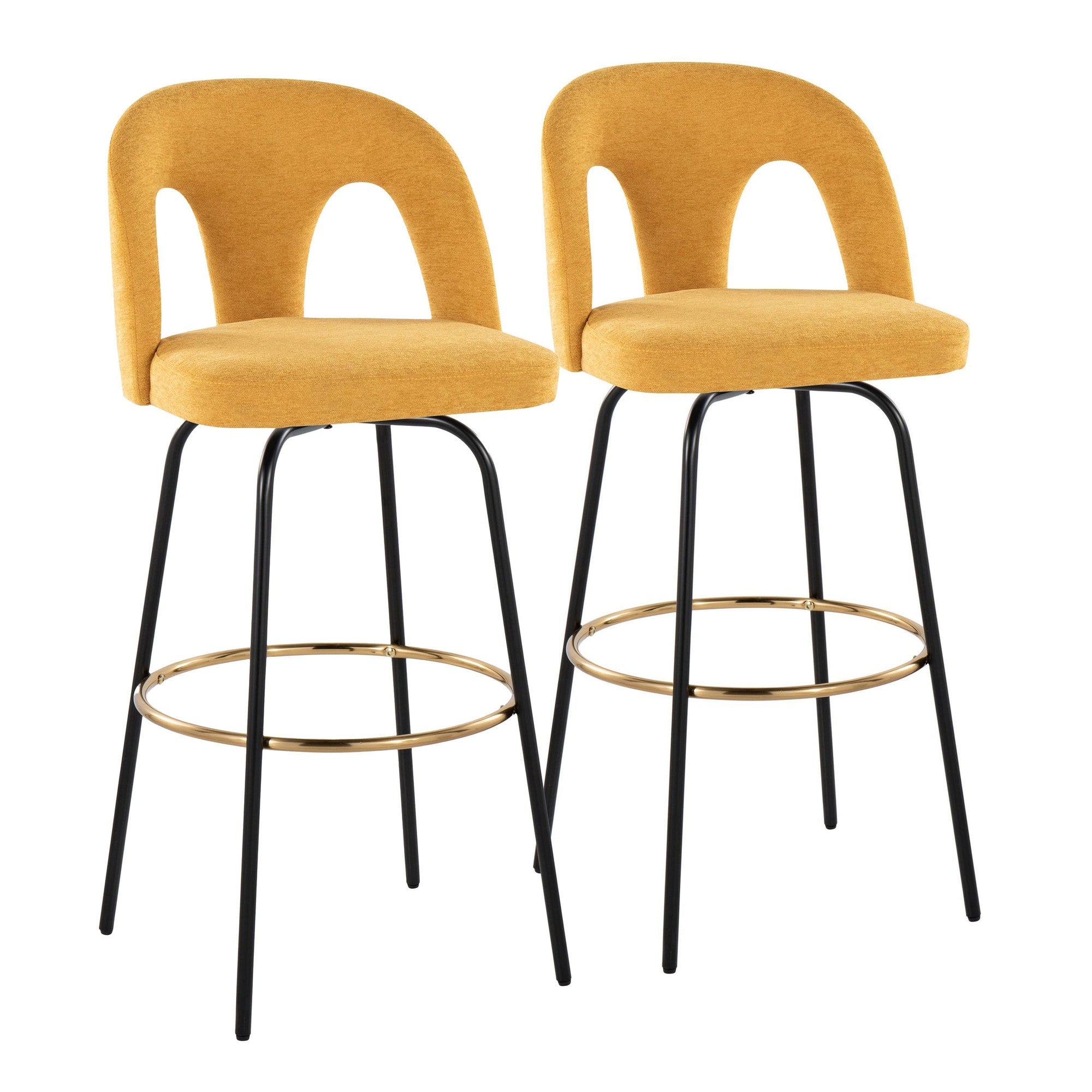 Ava Upholstered 30" Fixed-Height Barstool - Set of 2 - Black Metal, Yellow Fabric, Gold Metal