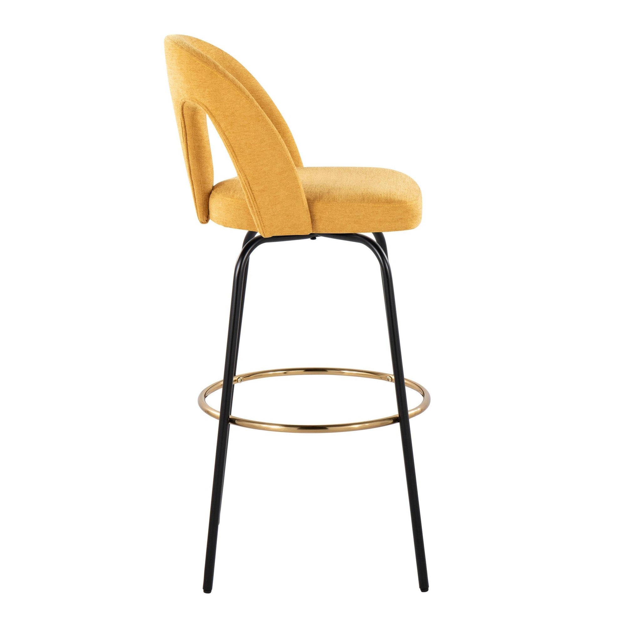 Ava Upholstered 30" Fixed-Height Barstool - Set of 2 - Black Metal, Yellow Fabric, Gold Metal